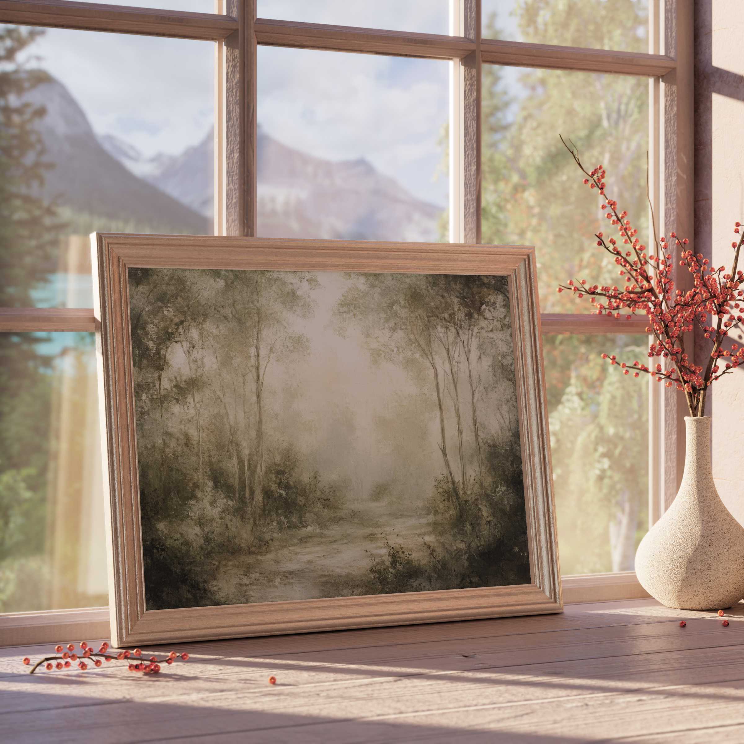 Misty forest landscape downloadable art with serene earth tones, enhancing tranquil, curated interiors with timeless elegance