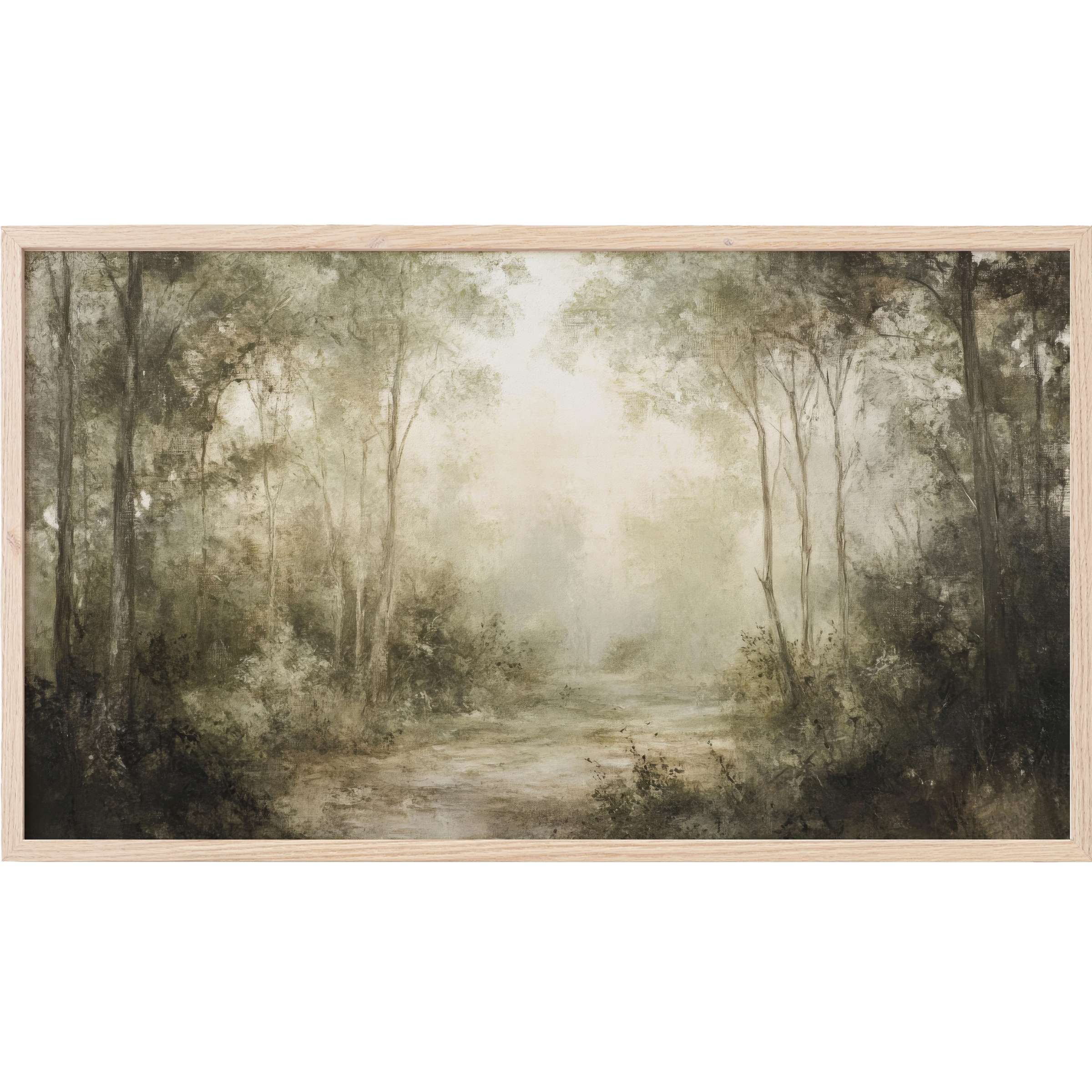 Serene misty forest in muted greens and browns with soft brushstrokes, landscape Frame TV Art for modern interiors