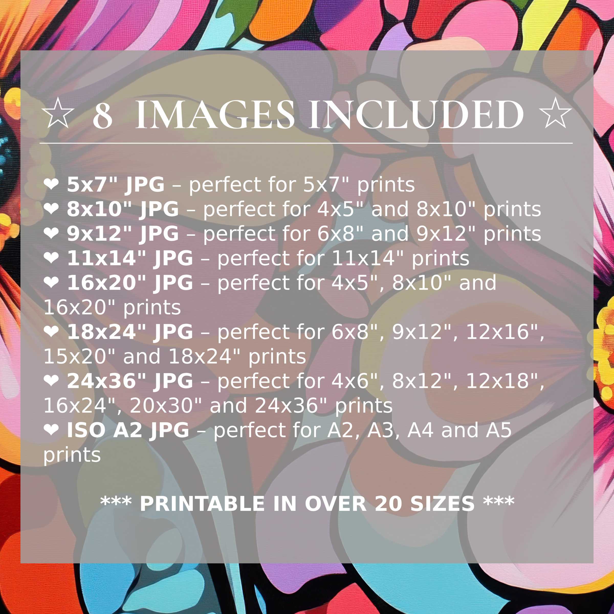 Pop art digital print radiates vibrant pinks, oranges, and blues, offering 8 high-quality sizes for versatile modern interiors