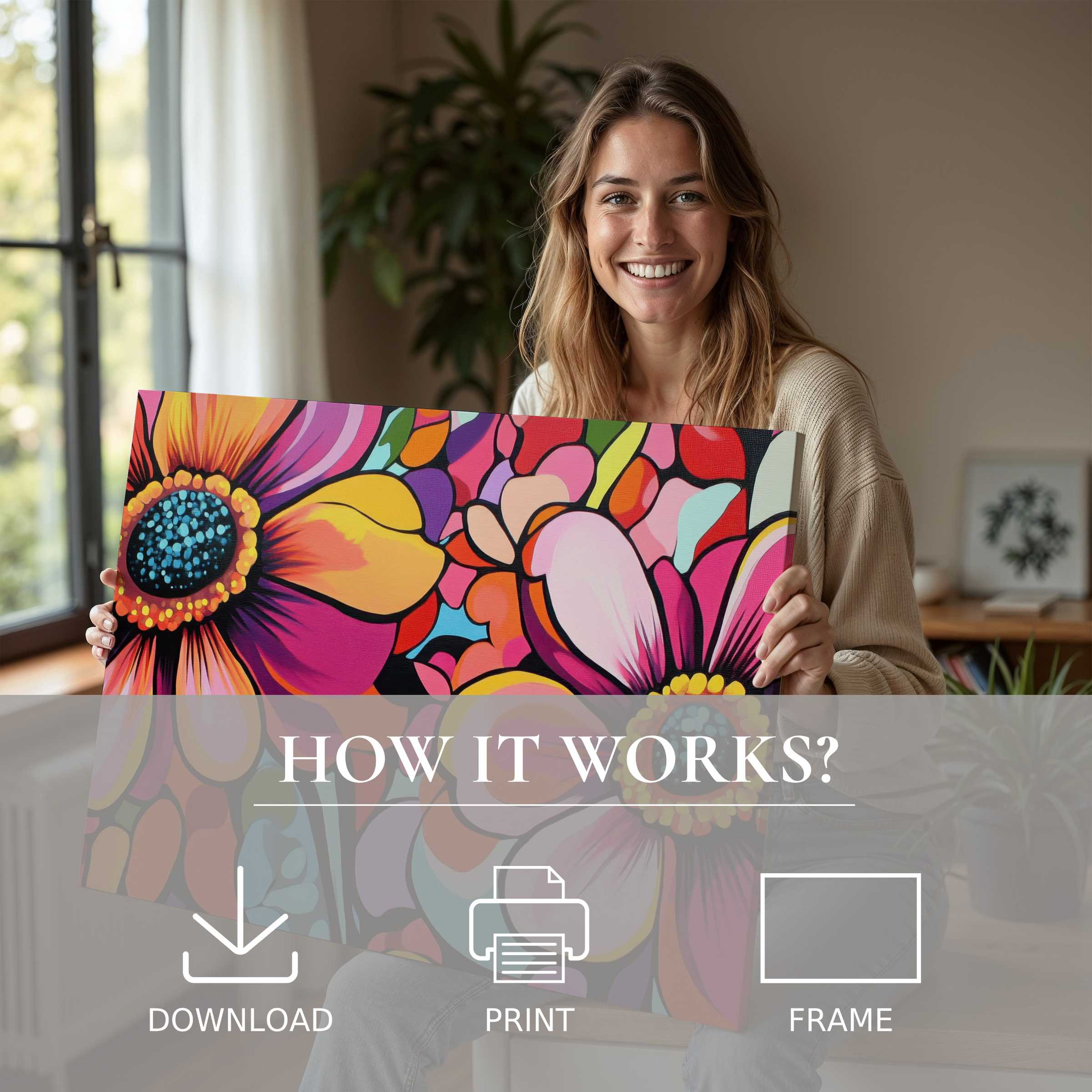 Bright pop art digital art print radiates joy as a woman shares a serene moment in her stylish, modern home