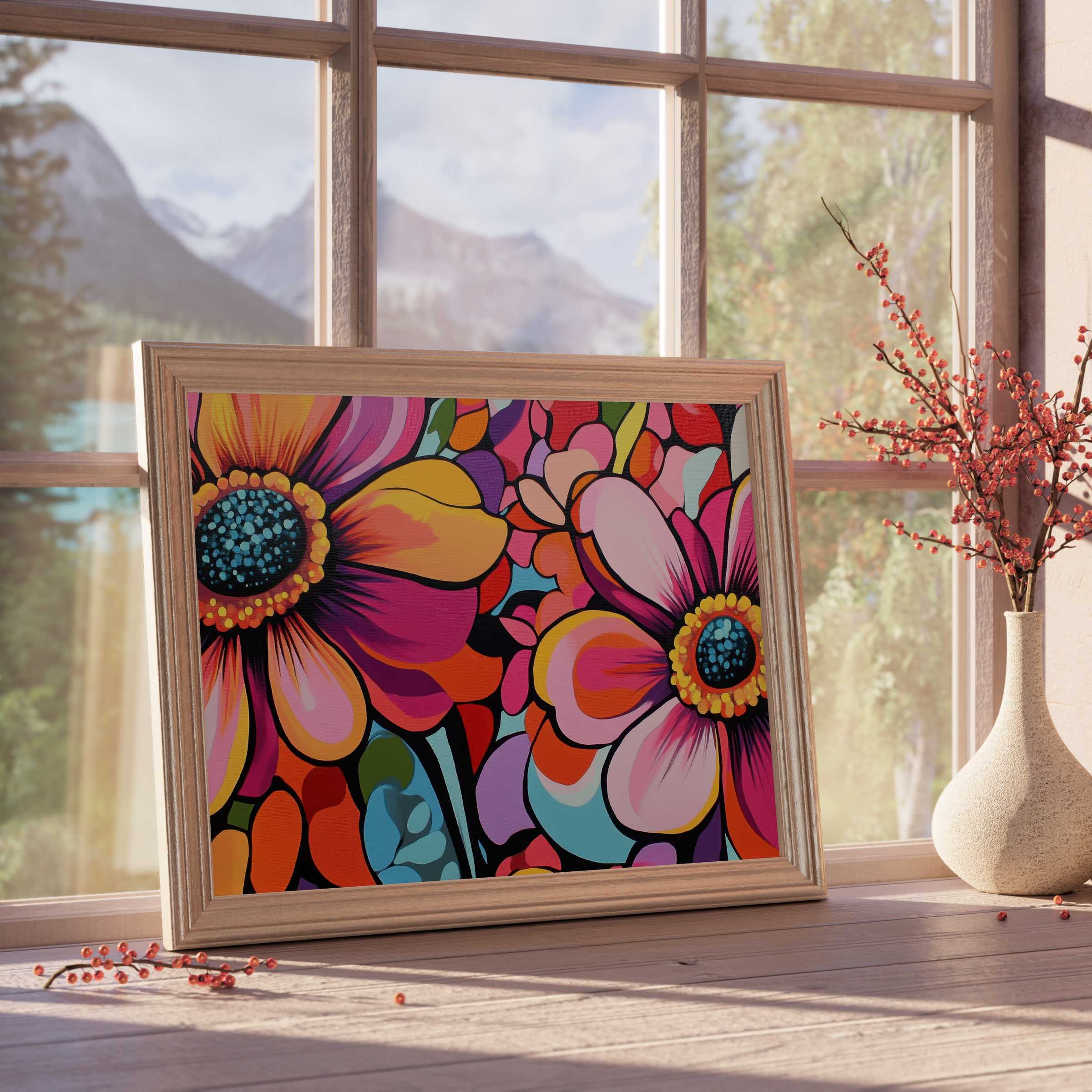 Vibrant pop art downloadable art bursting with bold florals, enriching curated interiors with playful color and modern elegance