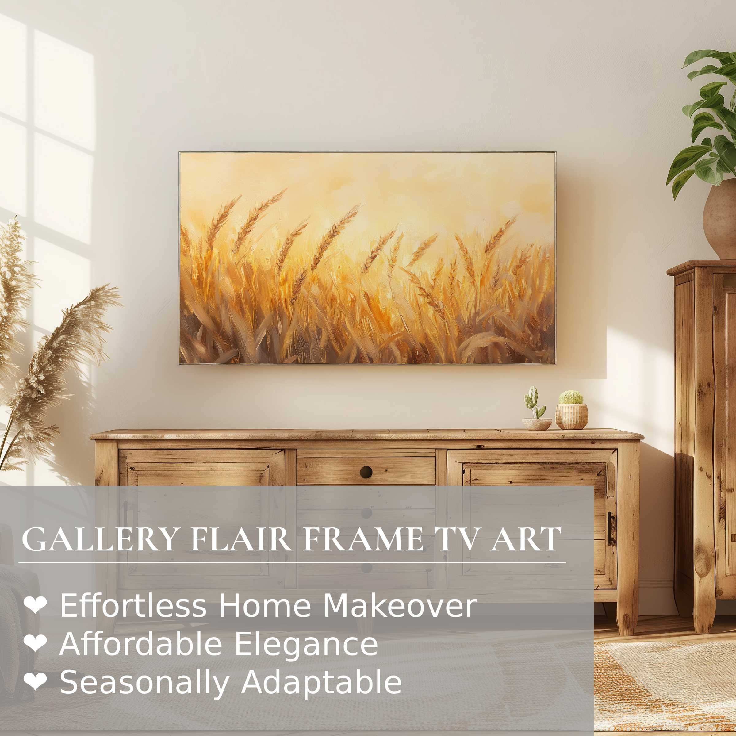 Samsung Frame TV showcasing warm summer digital artwork of golden wheat fields in a chic, natural living space