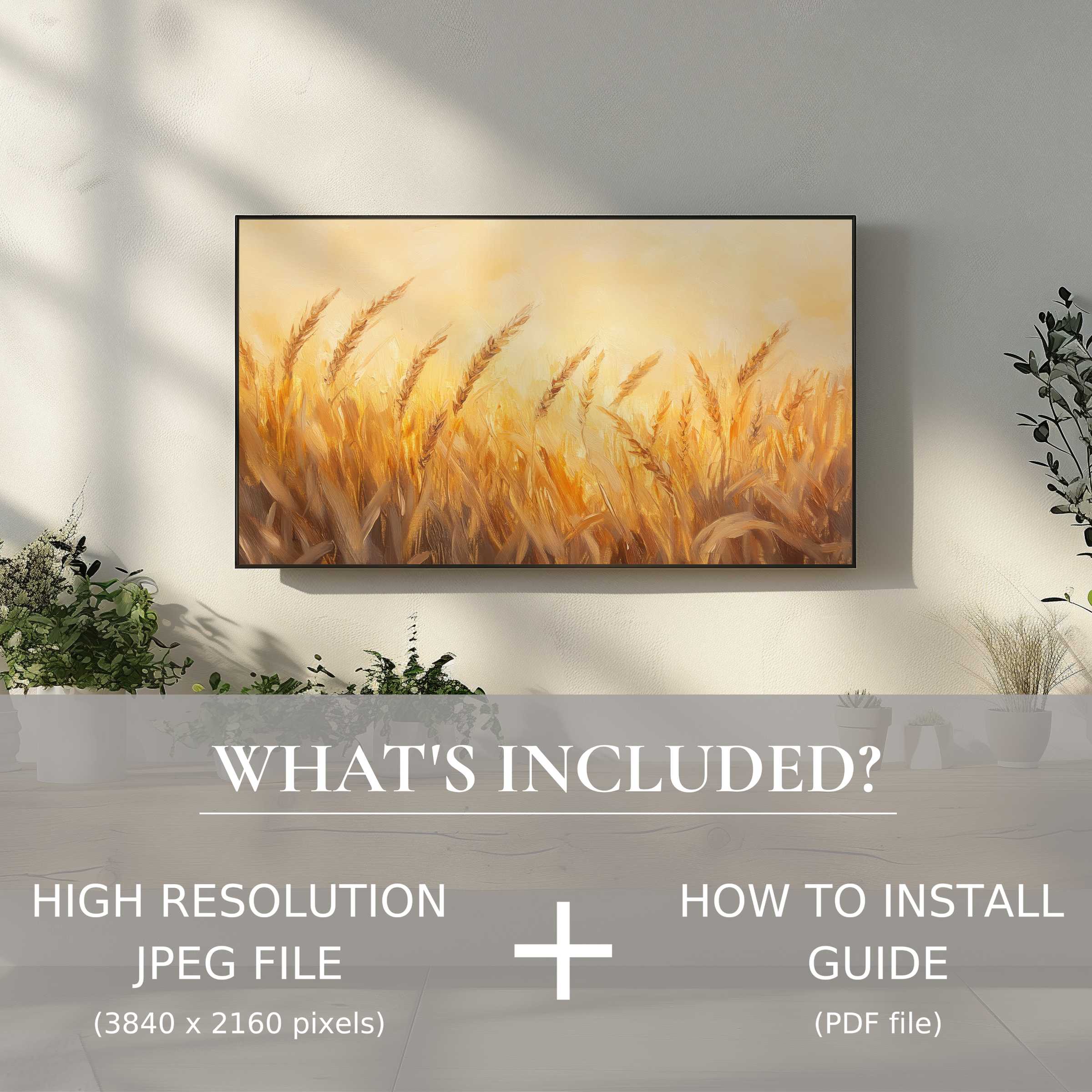 Elegant summer digital TV art download of golden wheat field, easy to use, enhances modern living space with warmth