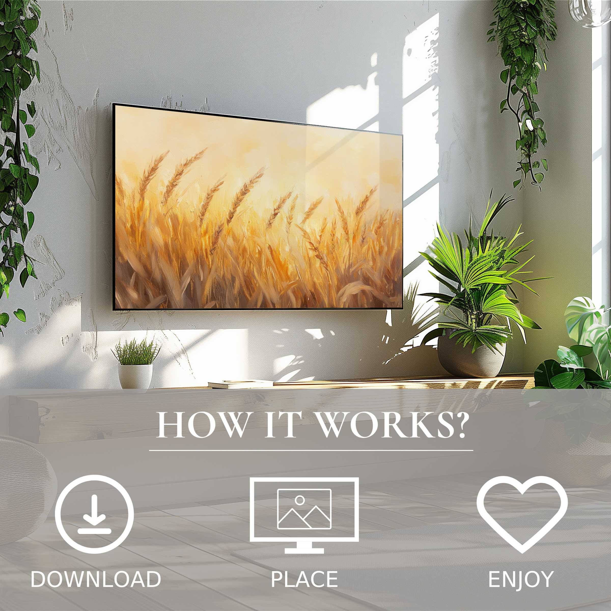 Summer art for Samsung TV showing soft sunset tones of wheat field; easy digital download enriches living spaces
