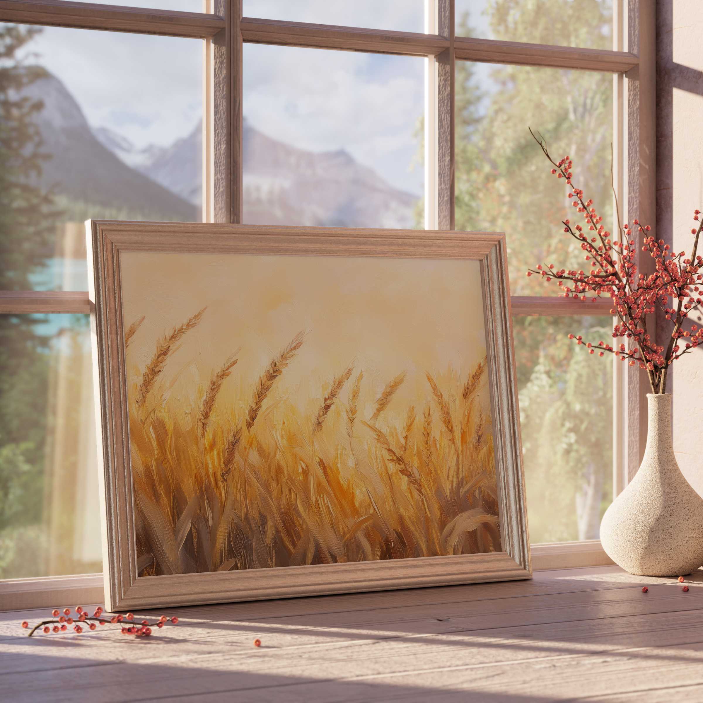 Summer downloadable art capturing golden wheat fields basking in warm light, enhancing serene, curated interiors with natural elegance