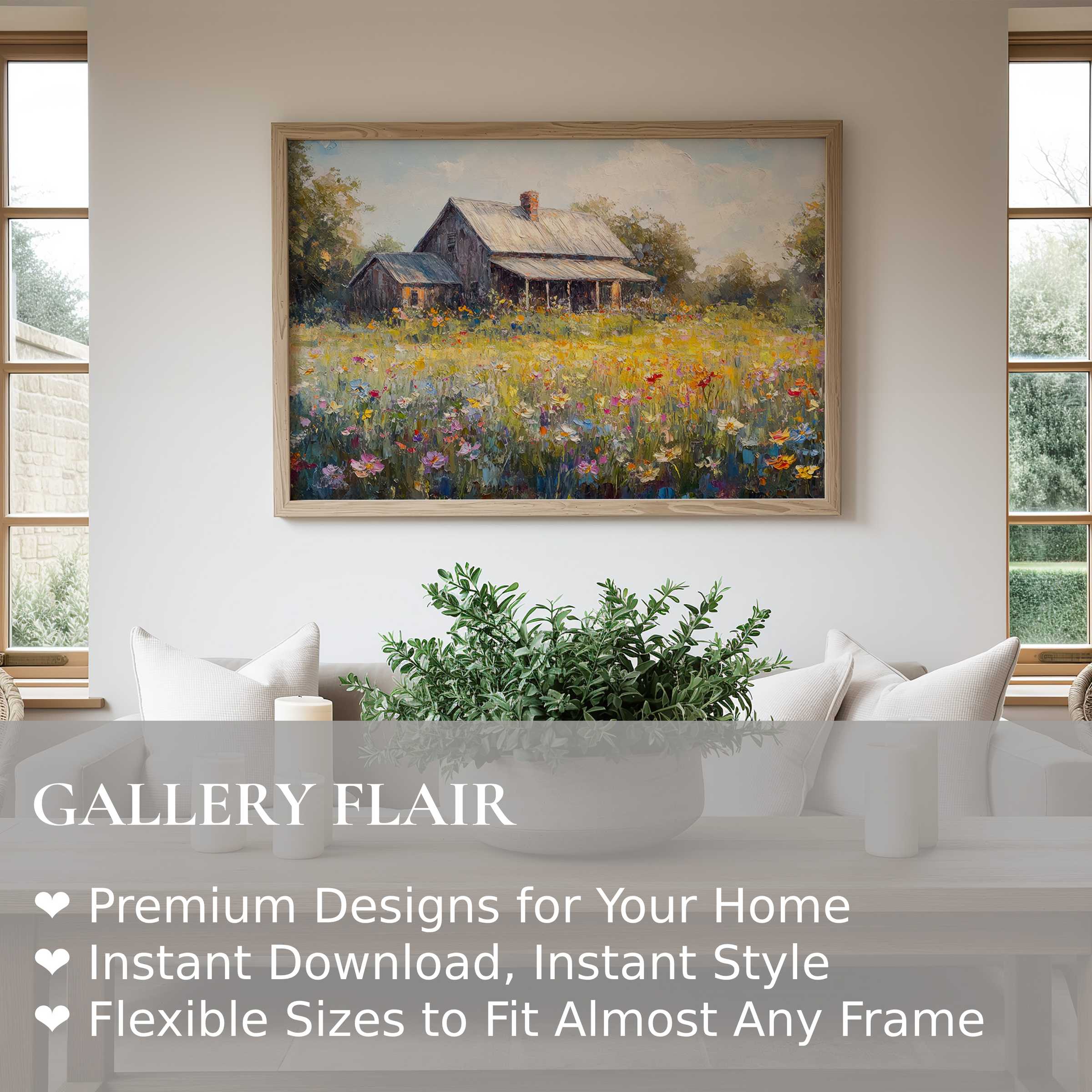 Vintage wall art print of a radiant countryside cottage amid wildflowers, enhancing a modern rustic space with warm, nostalgic charm