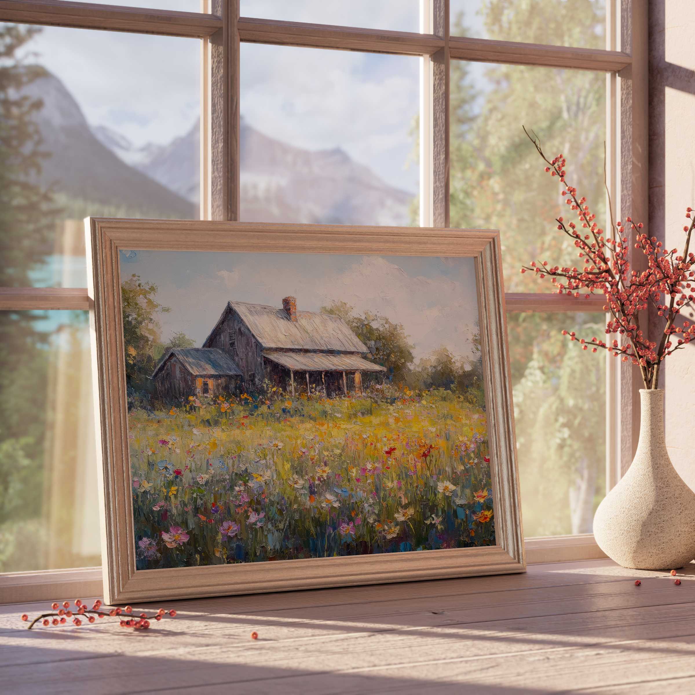 Vintage downloadable art of a serene countryside cottage bathed in soft light, enriching tranquil, curated interiors with timeless charm