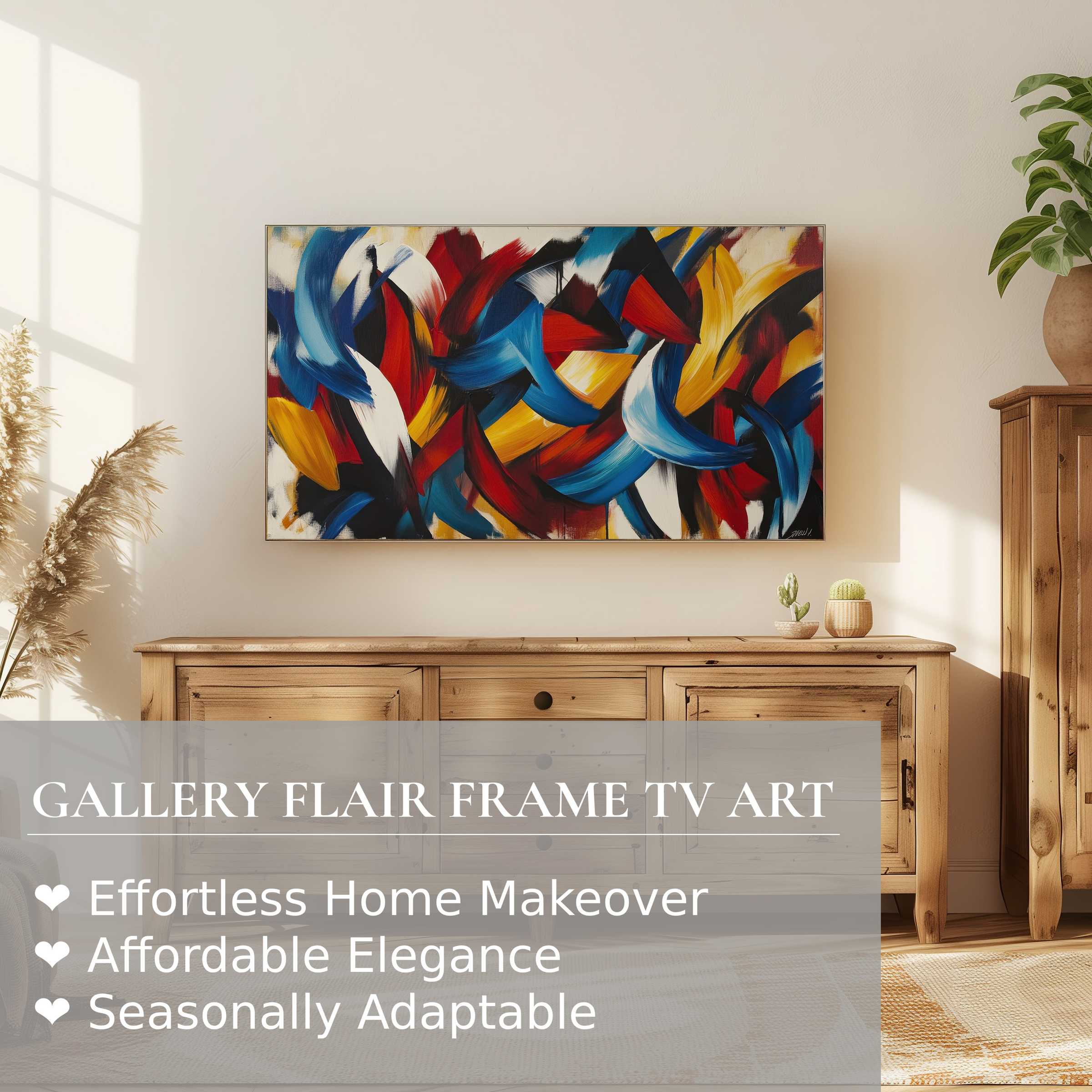 Samsung Frame TV displaying vibrant modern digital artwork in elegant, sunlit room with natural wood decor
