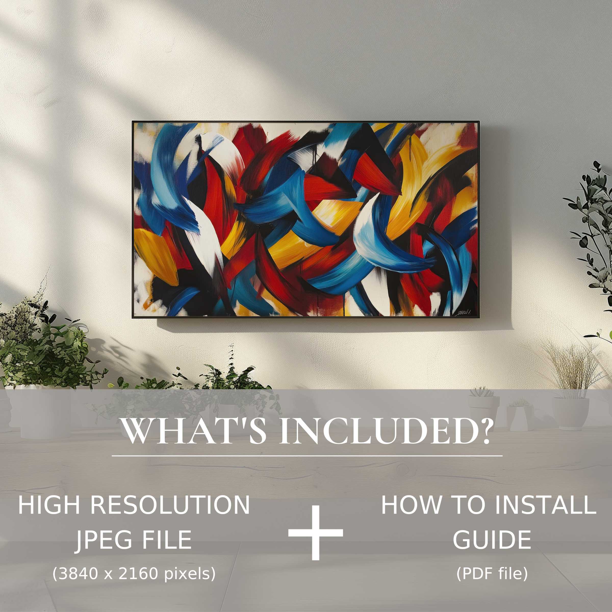 Modern digital TV art download showcasing vibrant abstract strokes, enhancing living spaces with effortless digital elegance