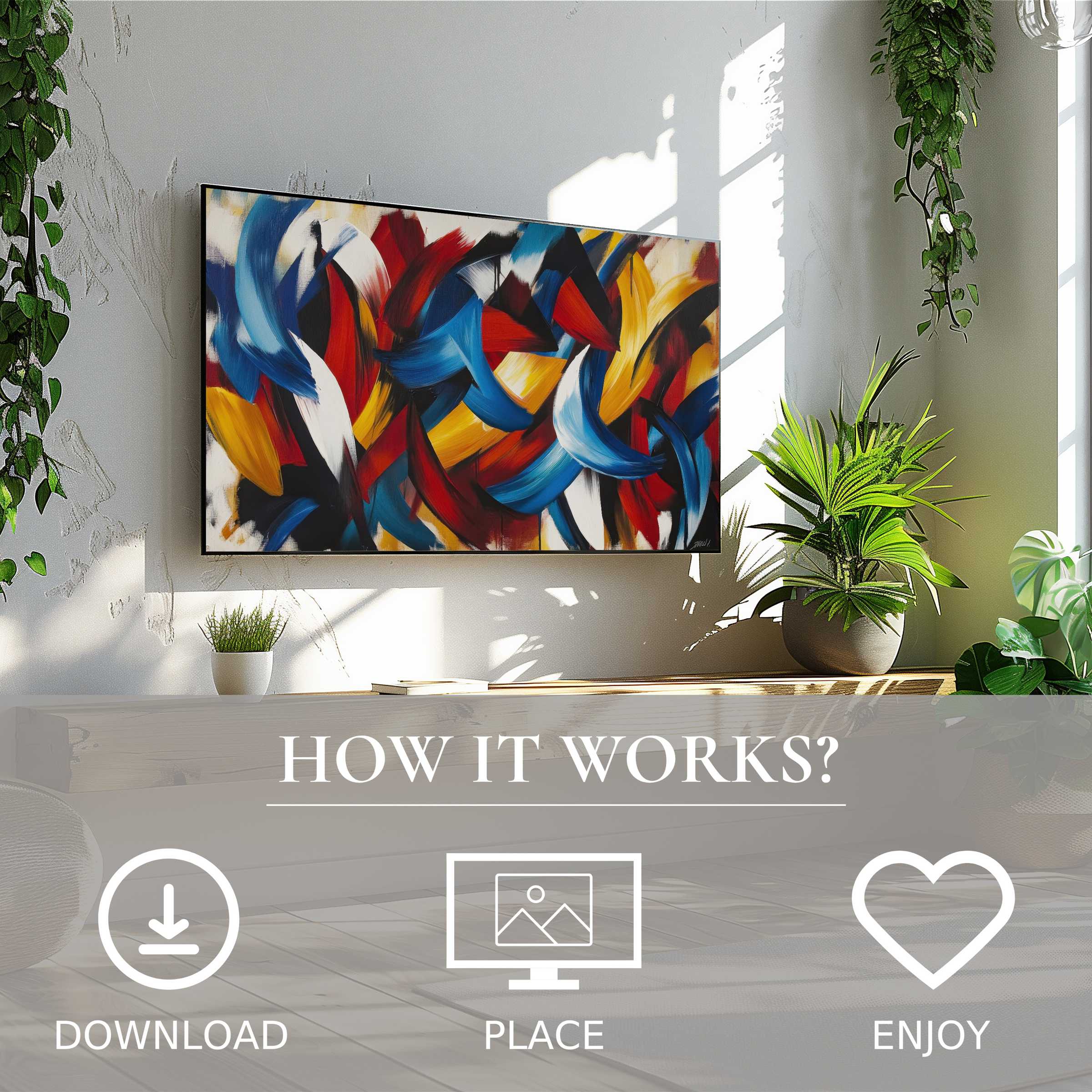Modern art for Samsung TV shows bold color flow on The Frame, enhancing space with easy digital download and simple placement