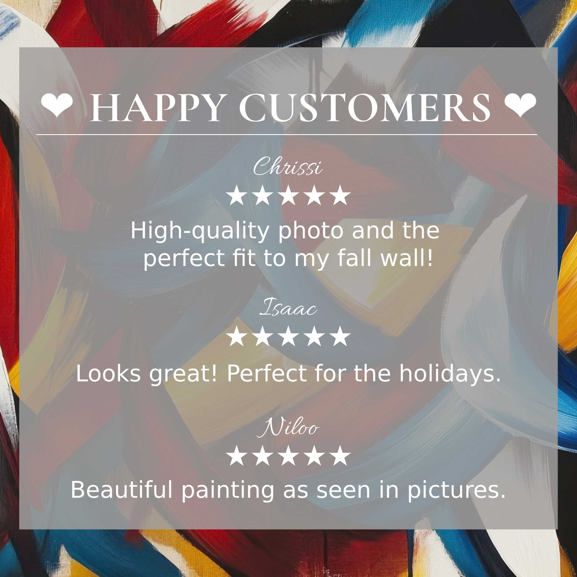 Abstract sunset colors behind reviews build trust showcasing modern art for Frame TV and happy customer praise