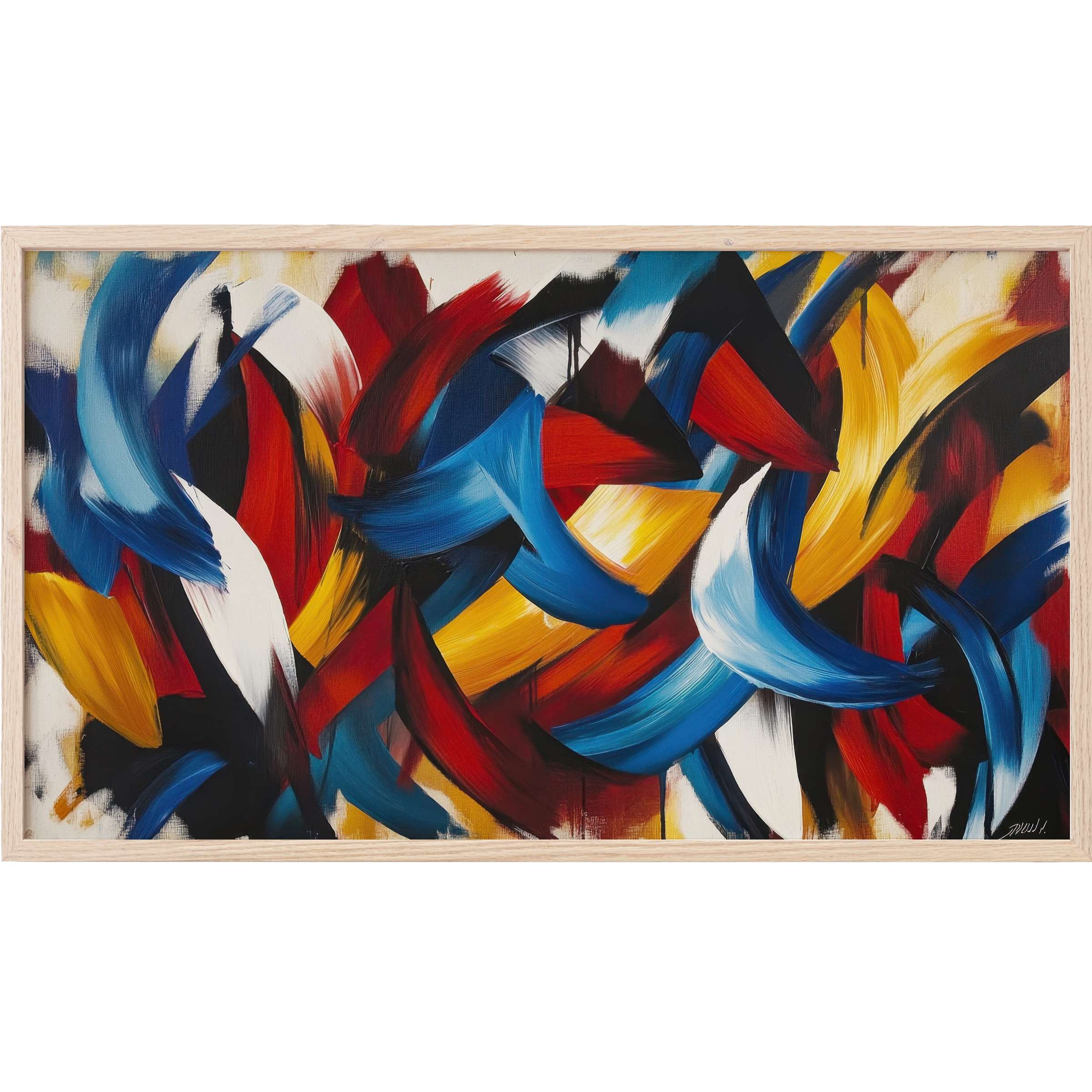 Vibrant abstract strokes in red, blue, yellow, and white create dynamic motion in this modern Frame TV Art piece