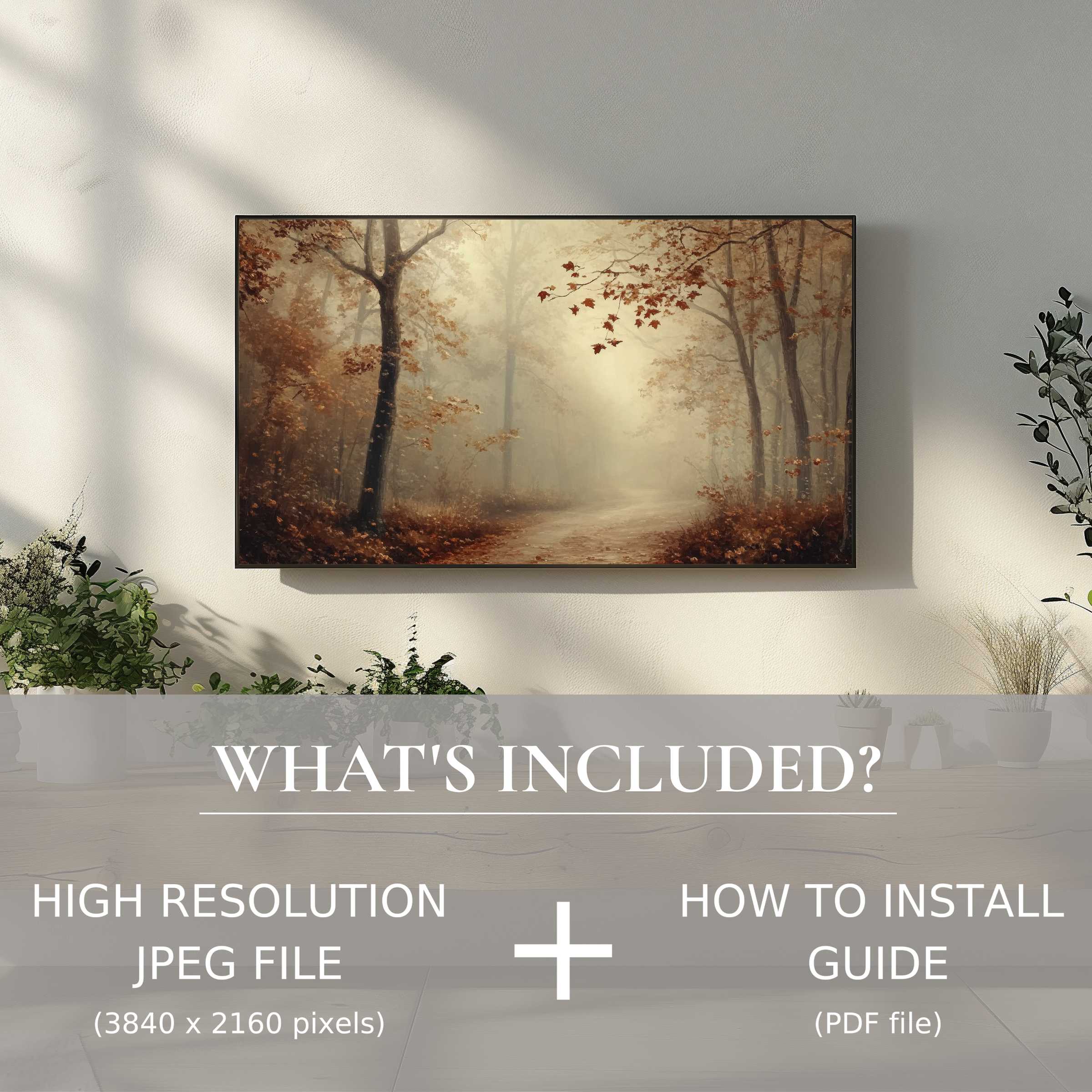 Elegant fall digital TV art download enhances your space with easy digital use and a serene autumn forest scene