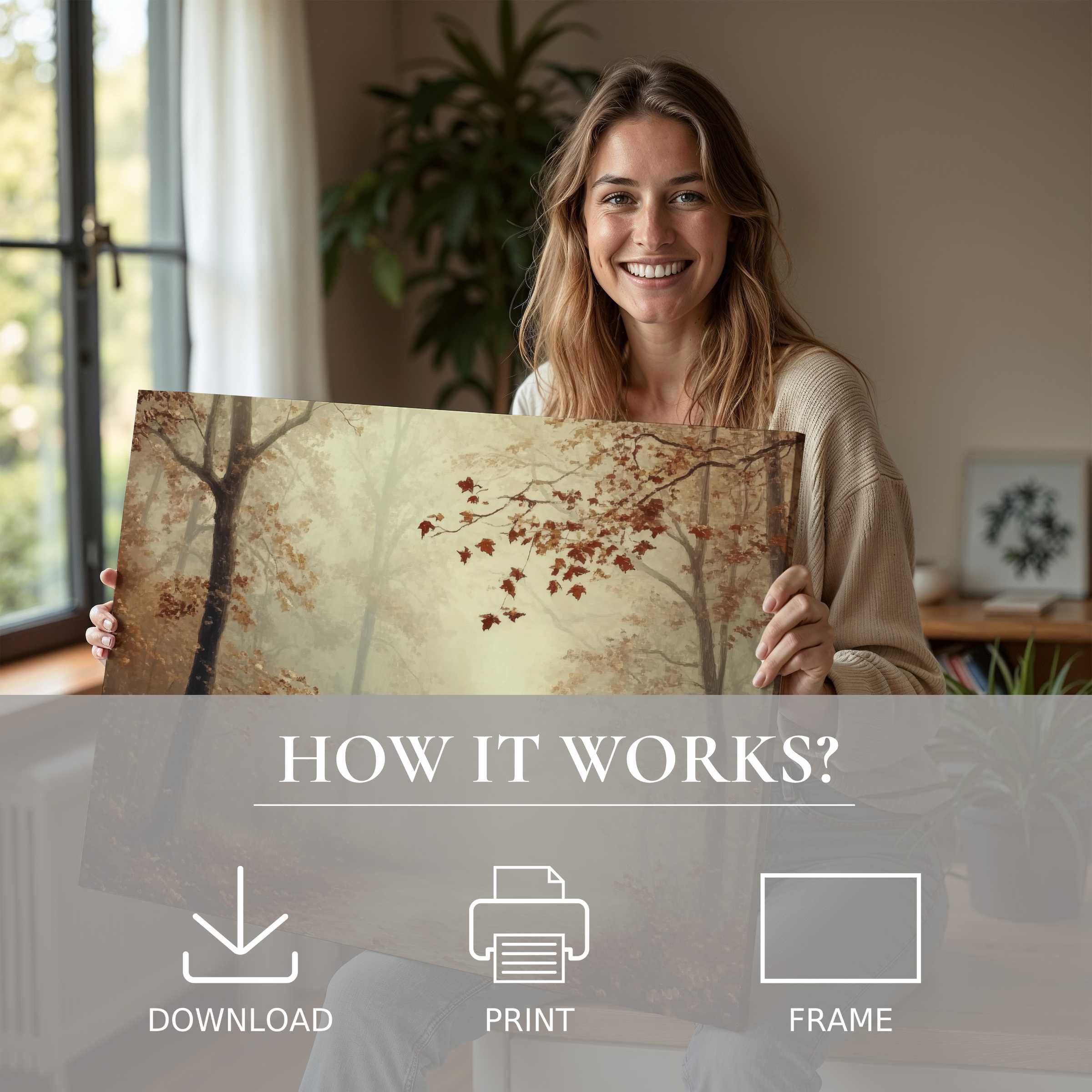 Radiant fall digital art print held in a sunlit modern home, evoking warmth and effortless style for refined living