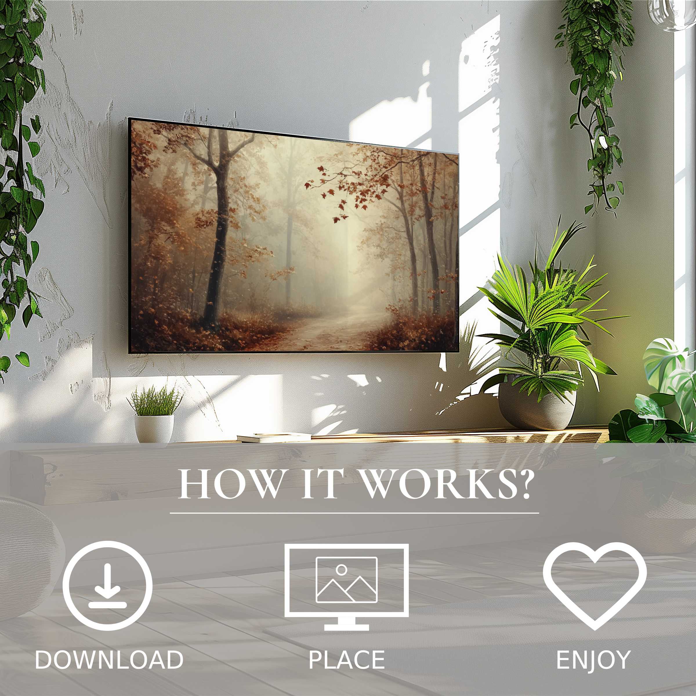 Fall art for Samsung TV in a bright room, soft autumn forest scene, easy digital download enriches spaces