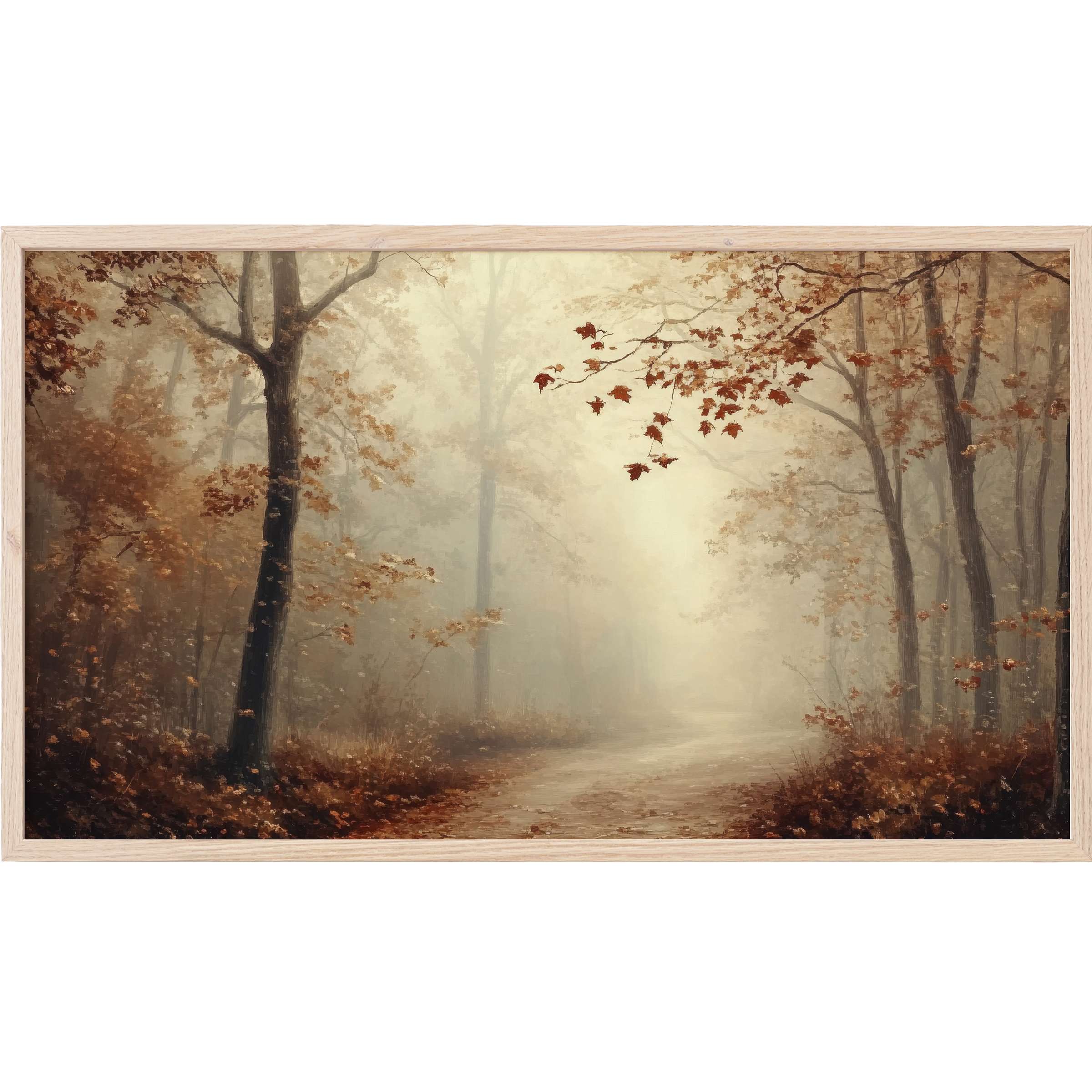 Fall Frame TV Art: serene misty forest path in warm browns and soft neutrals, capturing autumn's quiet elegance
