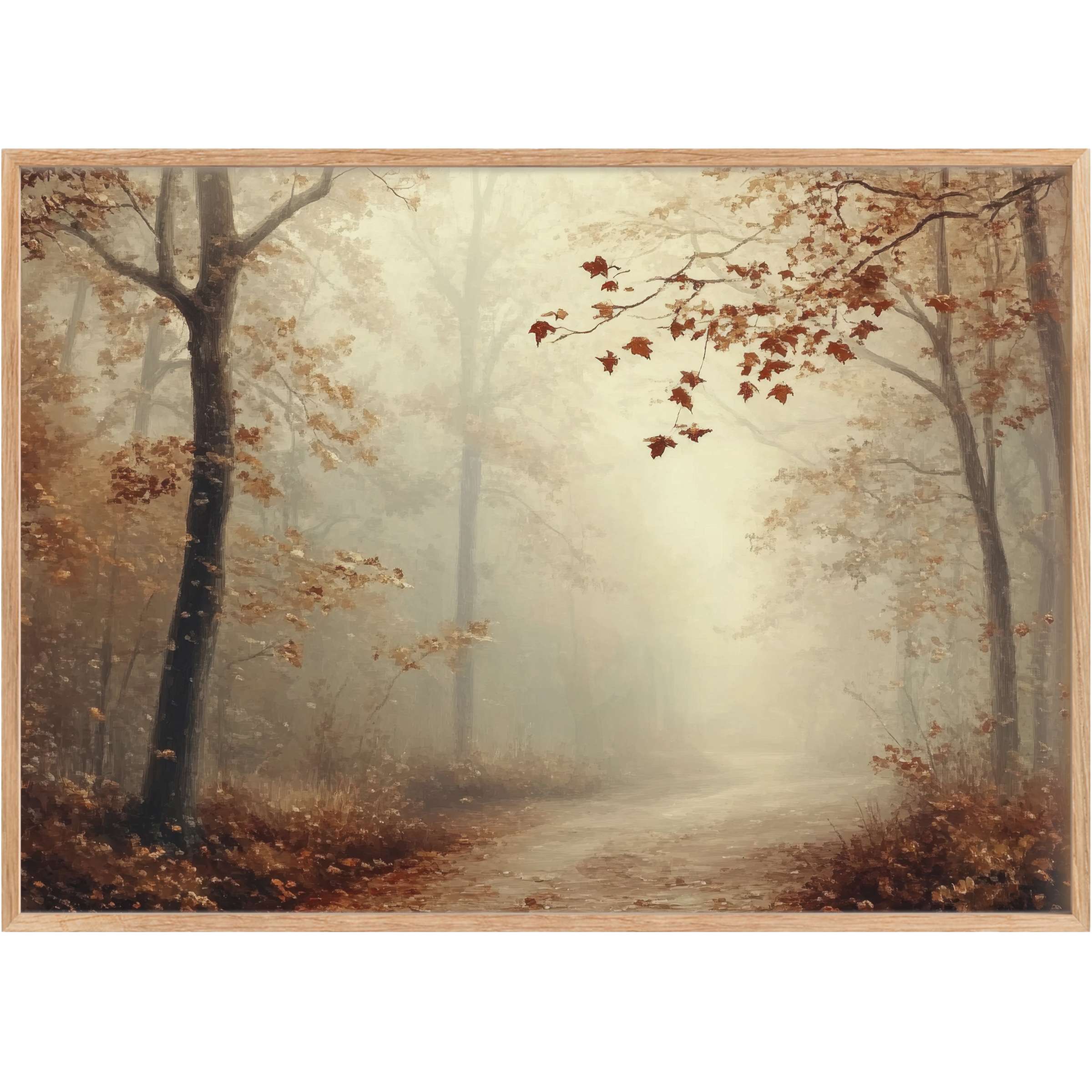Elegant fall printable wall art with misty forest hues, warm amber leaves, and a serene, tranquil autumn mood