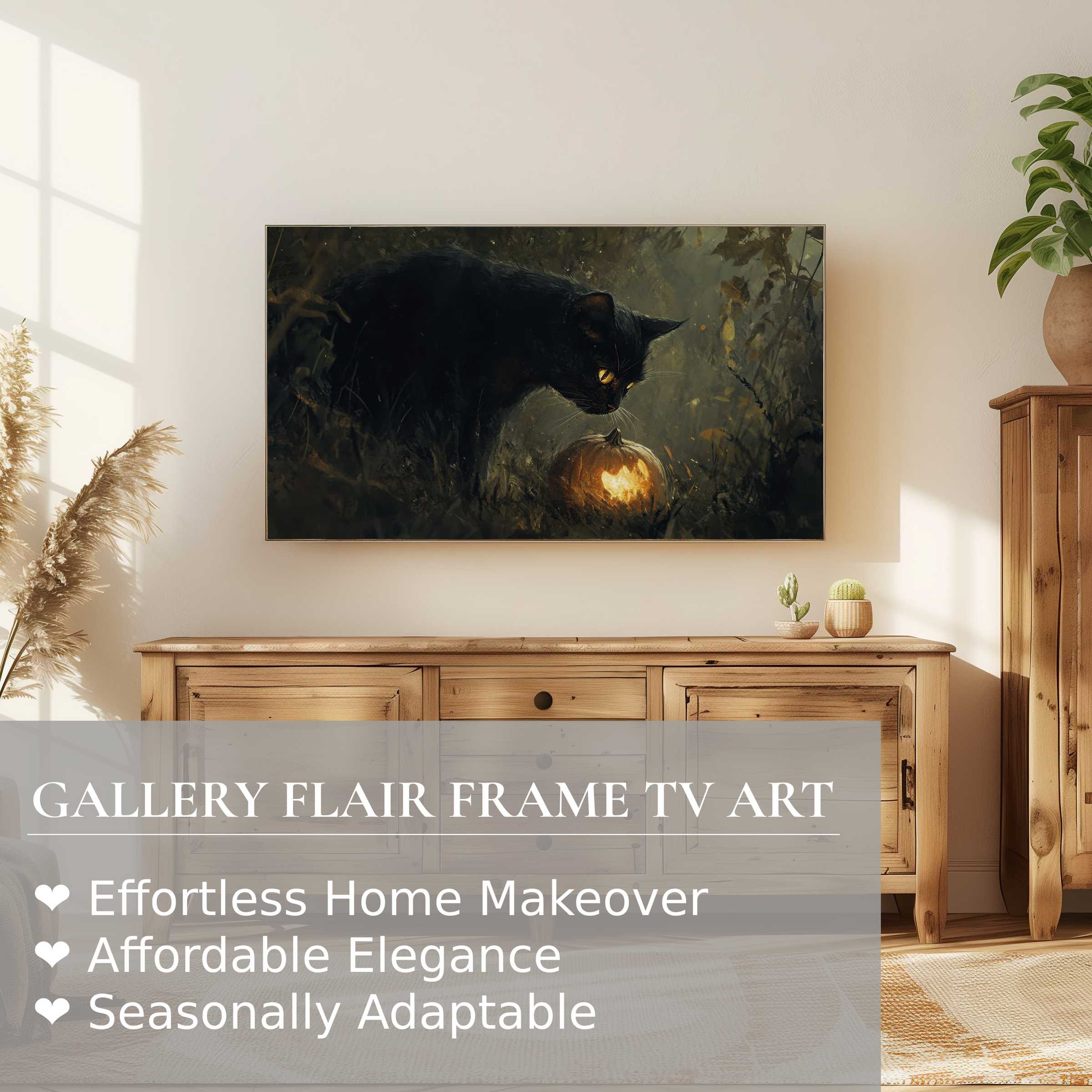 Samsung Frame TV displays refined halloween digital artwork of a black cat and glowing pumpkin in moody, elegant tones