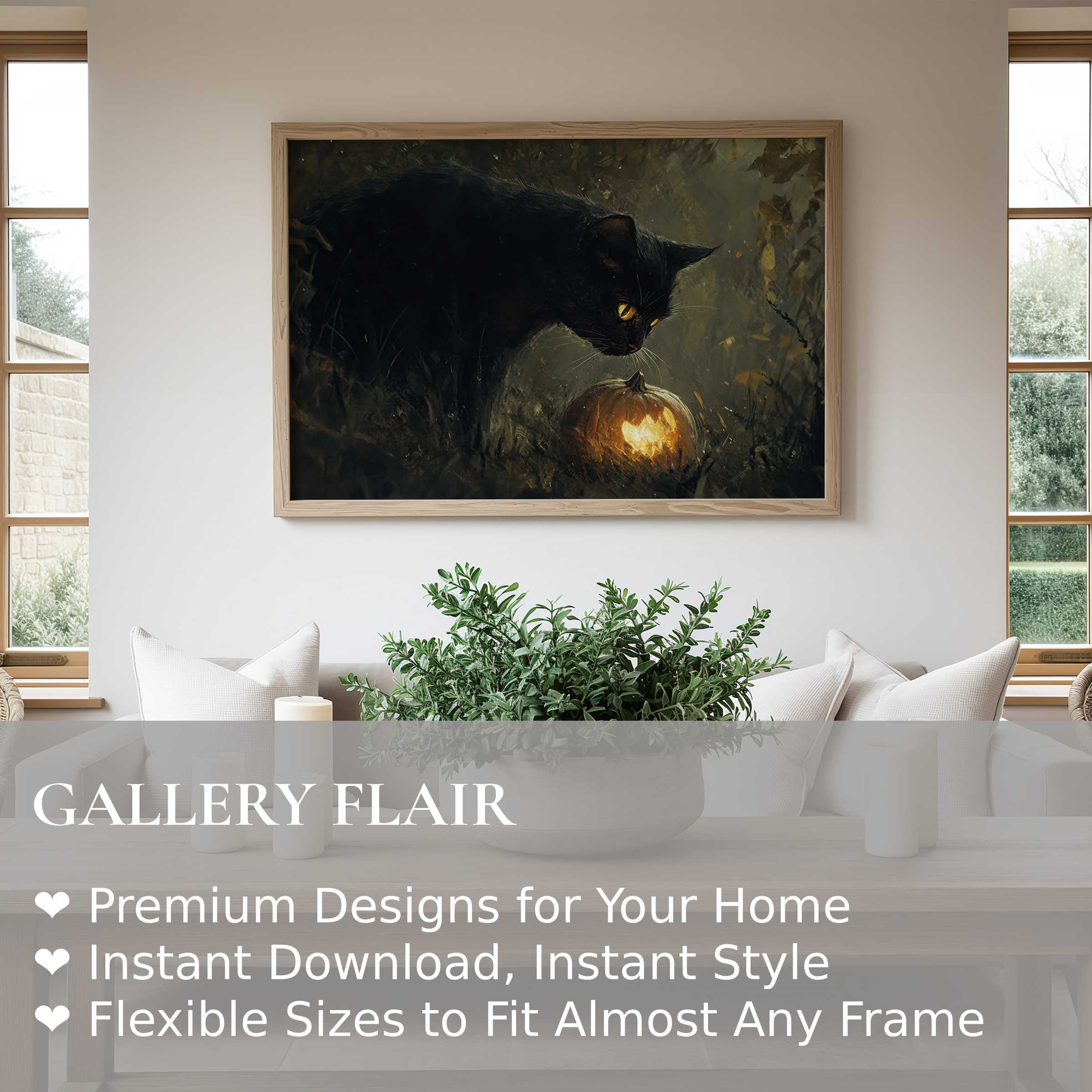 Halloween wall art print featuring a luminous black cat and glowing pumpkin; a bold, moody focal point for modern, cozy interiors