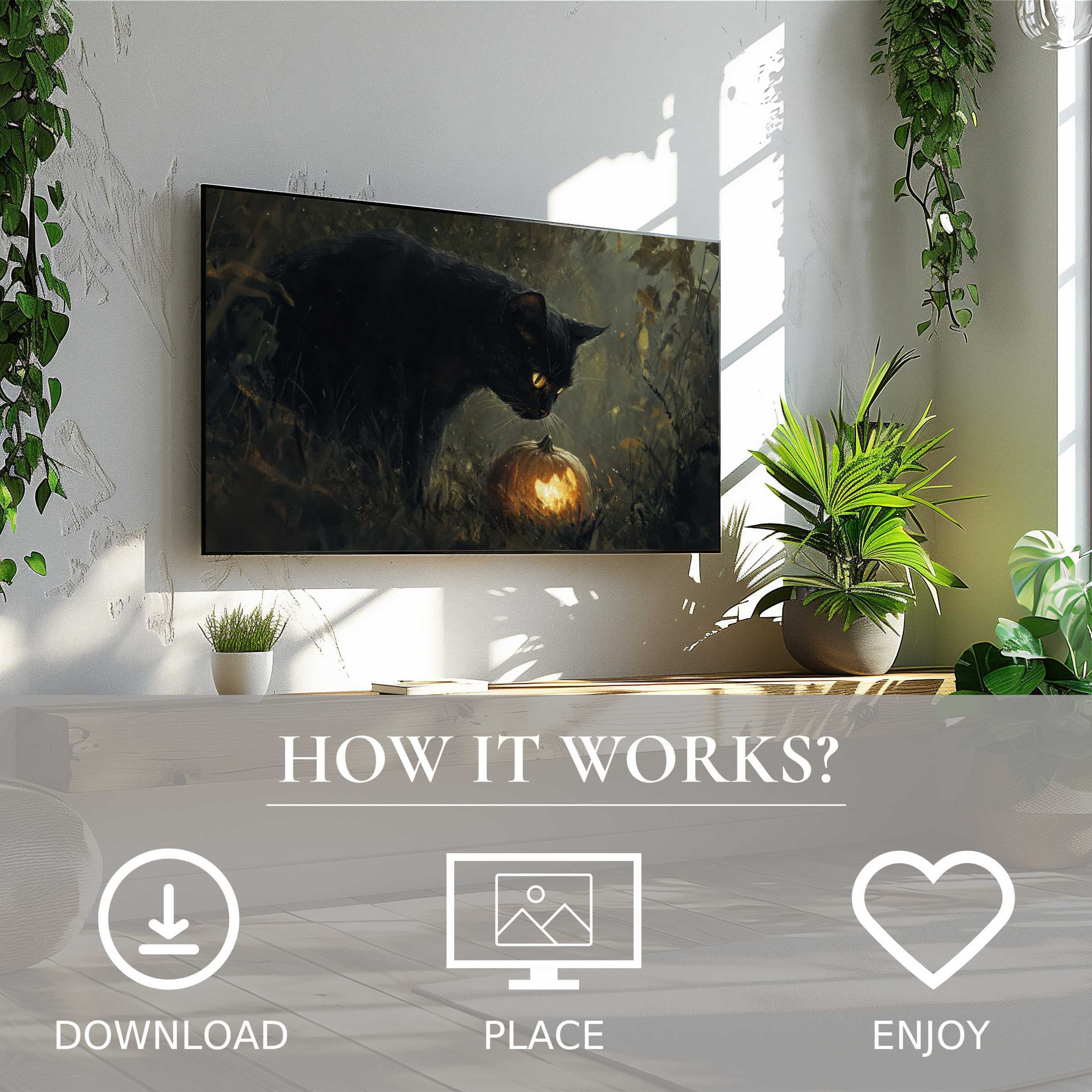 Modern living room with halloween art for Samsung TV, featuring a moody black cat and glowing pumpkin, easy digital download