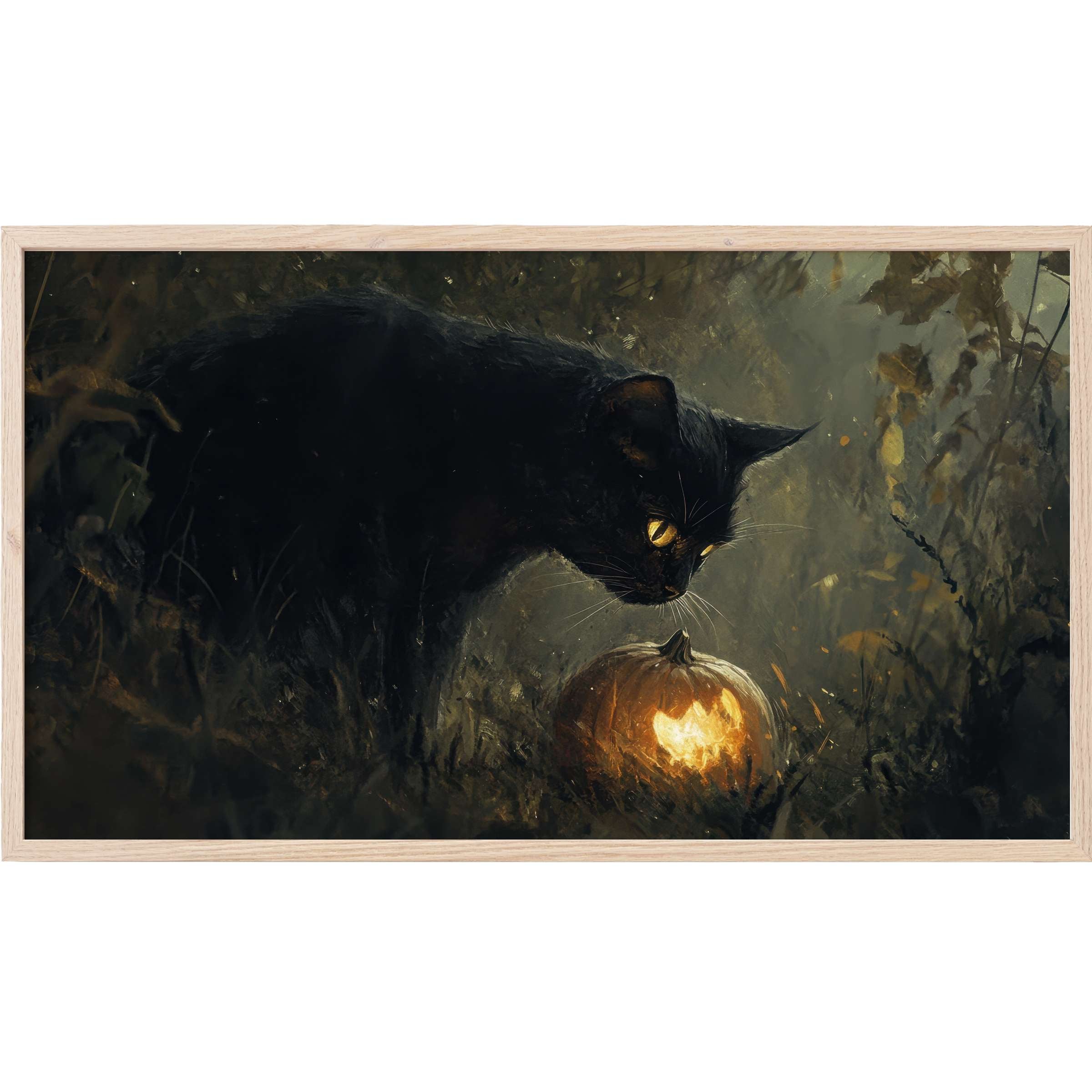 Elegant halloween Frame TV Art depicts a black cat with glowing eyes gazing at a lit carved pumpkin in muted earthy tones