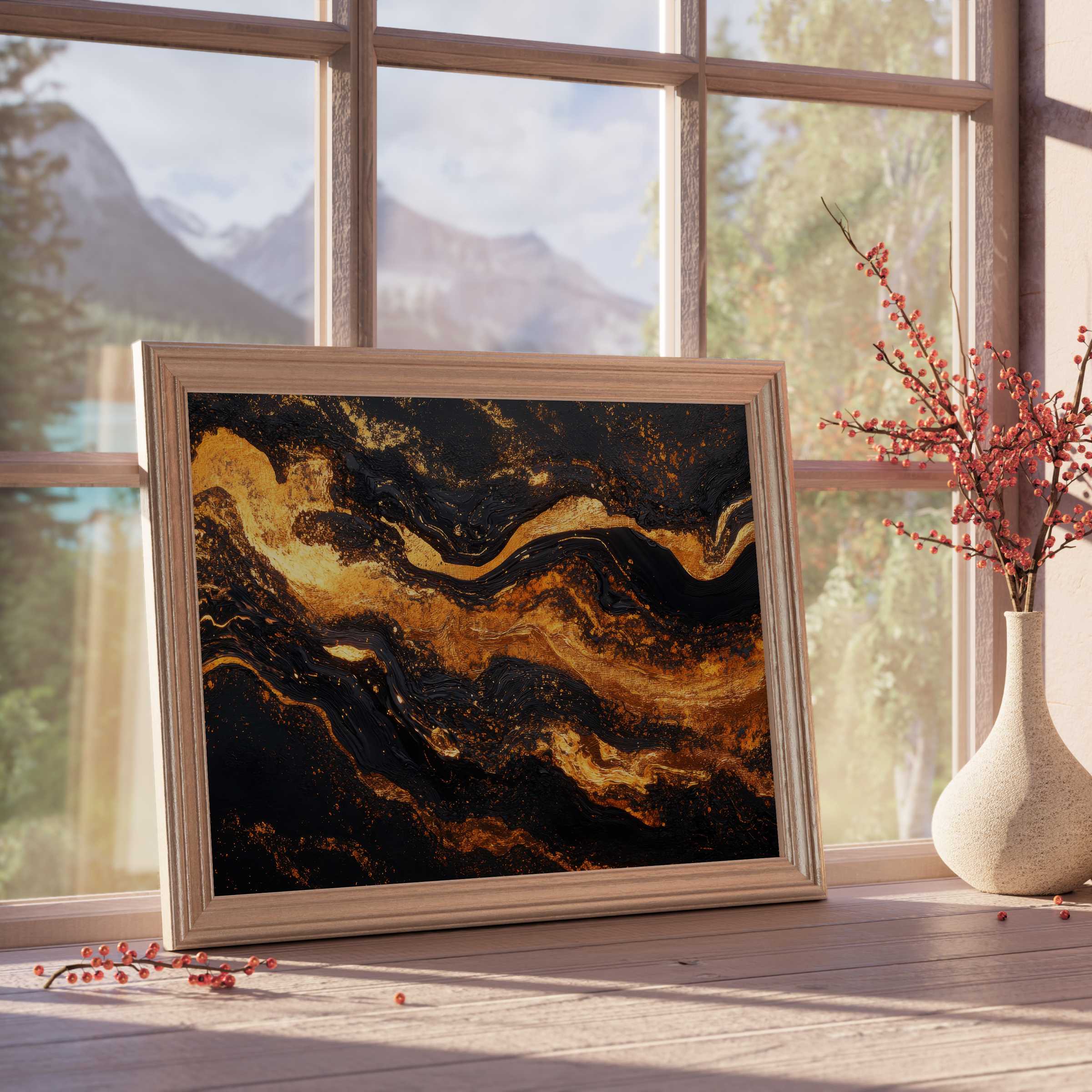 Luxurious abstract downloadable art featuring rich gold and deep black swirls, elevating curated, tranquil interiors with vibrant, design-forward elegance
