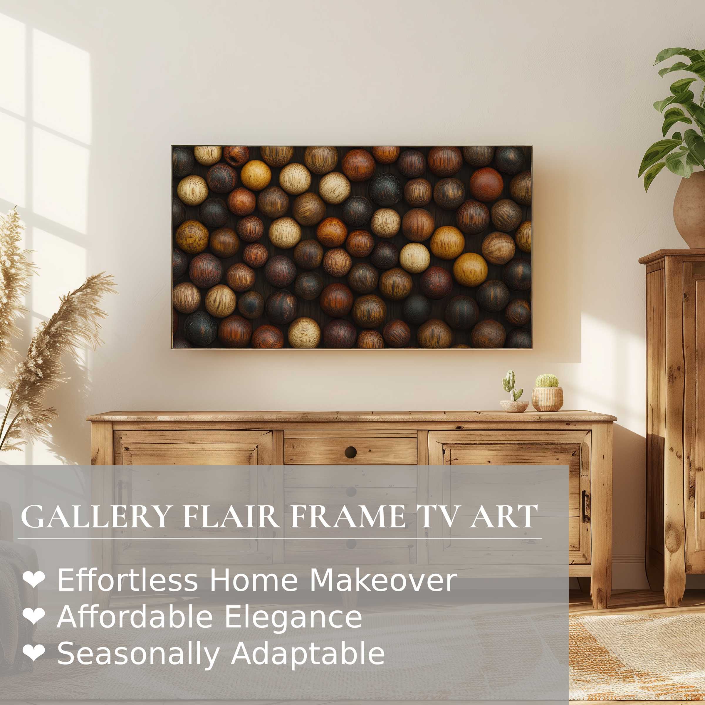 Samsung Frame TV showcasing boho digital artwork of textured wooden spheres in a warm, elegant living space