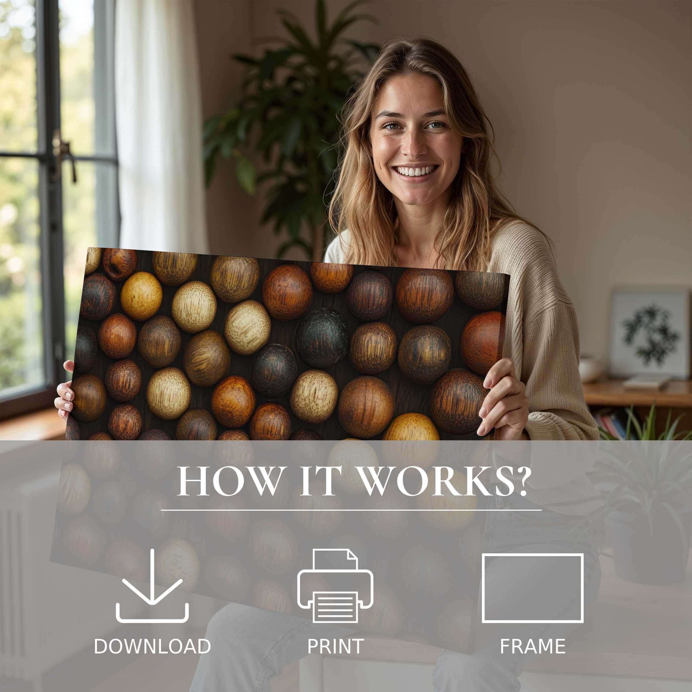 A joyful woman in a serene modern home embraces the warmth of a boho digital art print, embodying effortless style and heartfelt connection with abstract decor