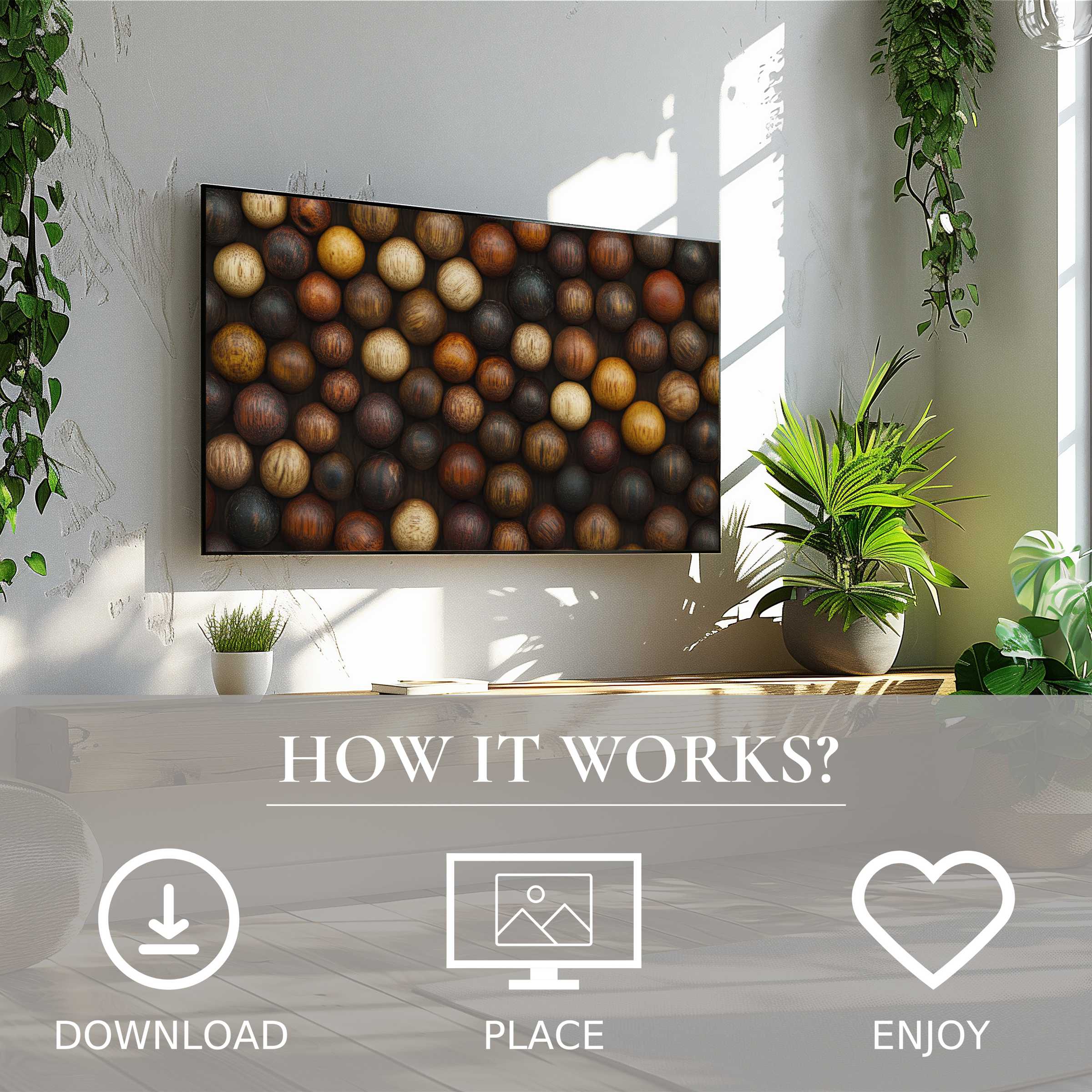 Modern living room with boho art for Samsung TV; digital download features warm wood tone spheres motif