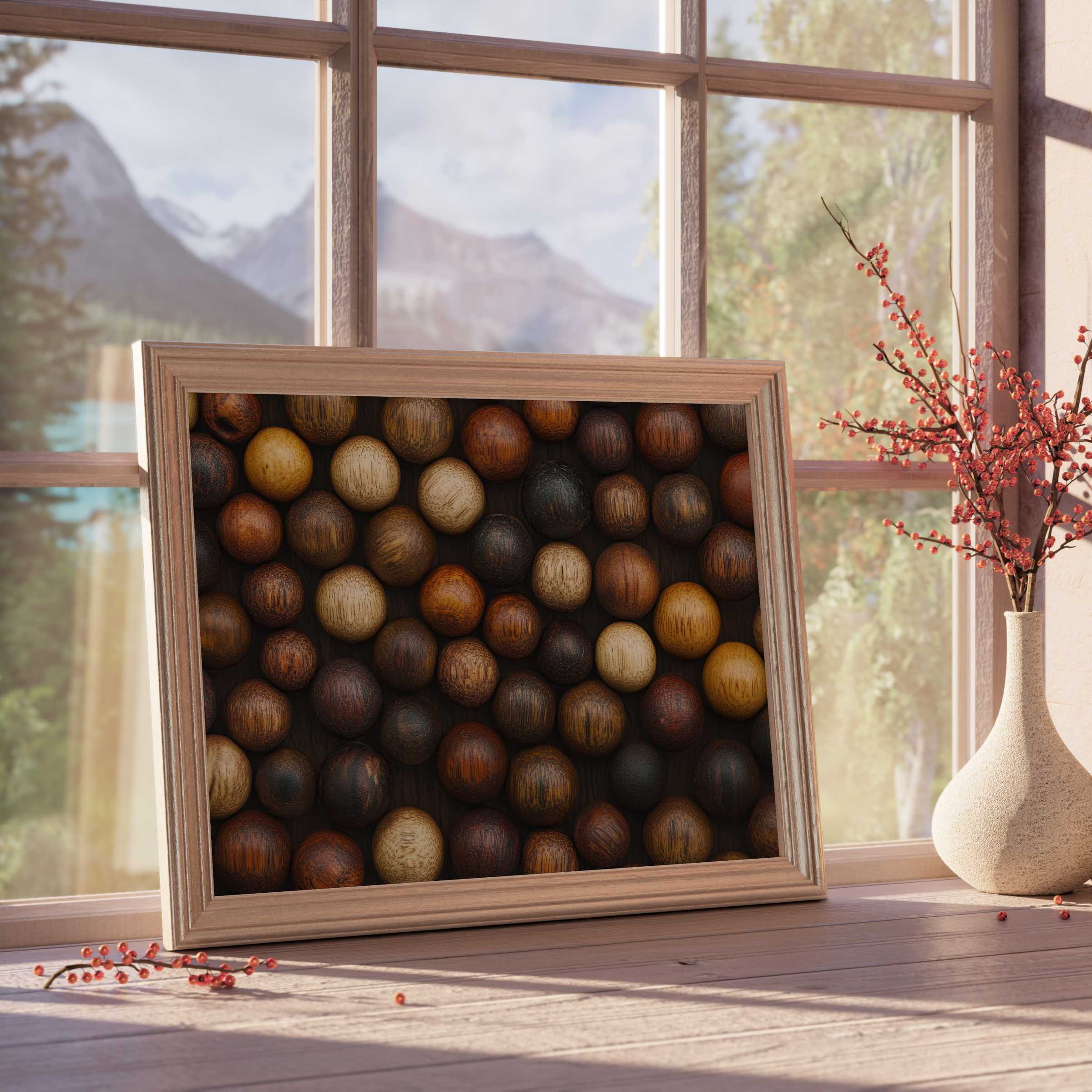 Warm-toned boho downloadable art featuring textured wooden spheres, perfect for elevating curated, tranquil interiors with natural elegance