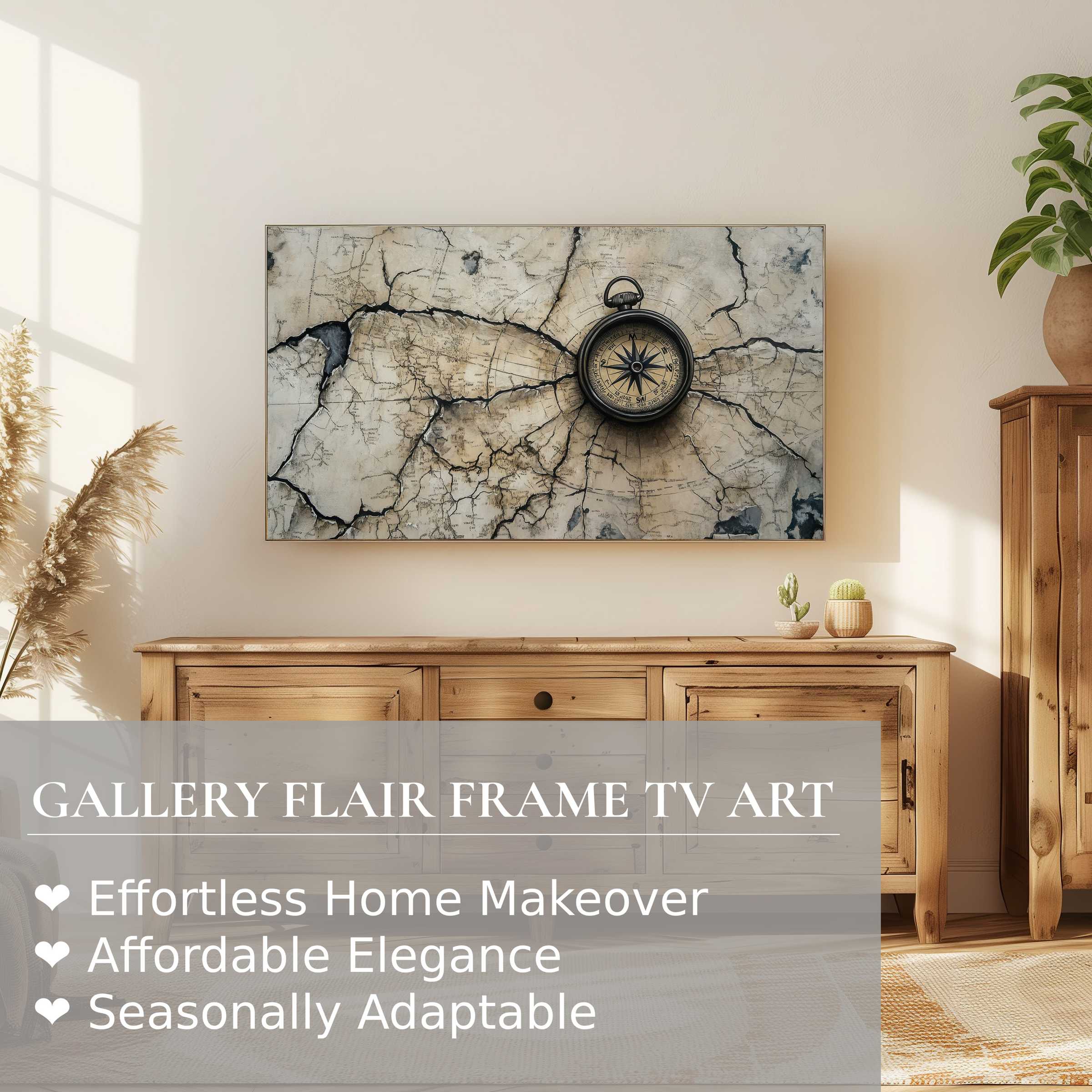 Samsung Frame TV displaying refined street art digital artwork with an elegant compass design in a modern living space