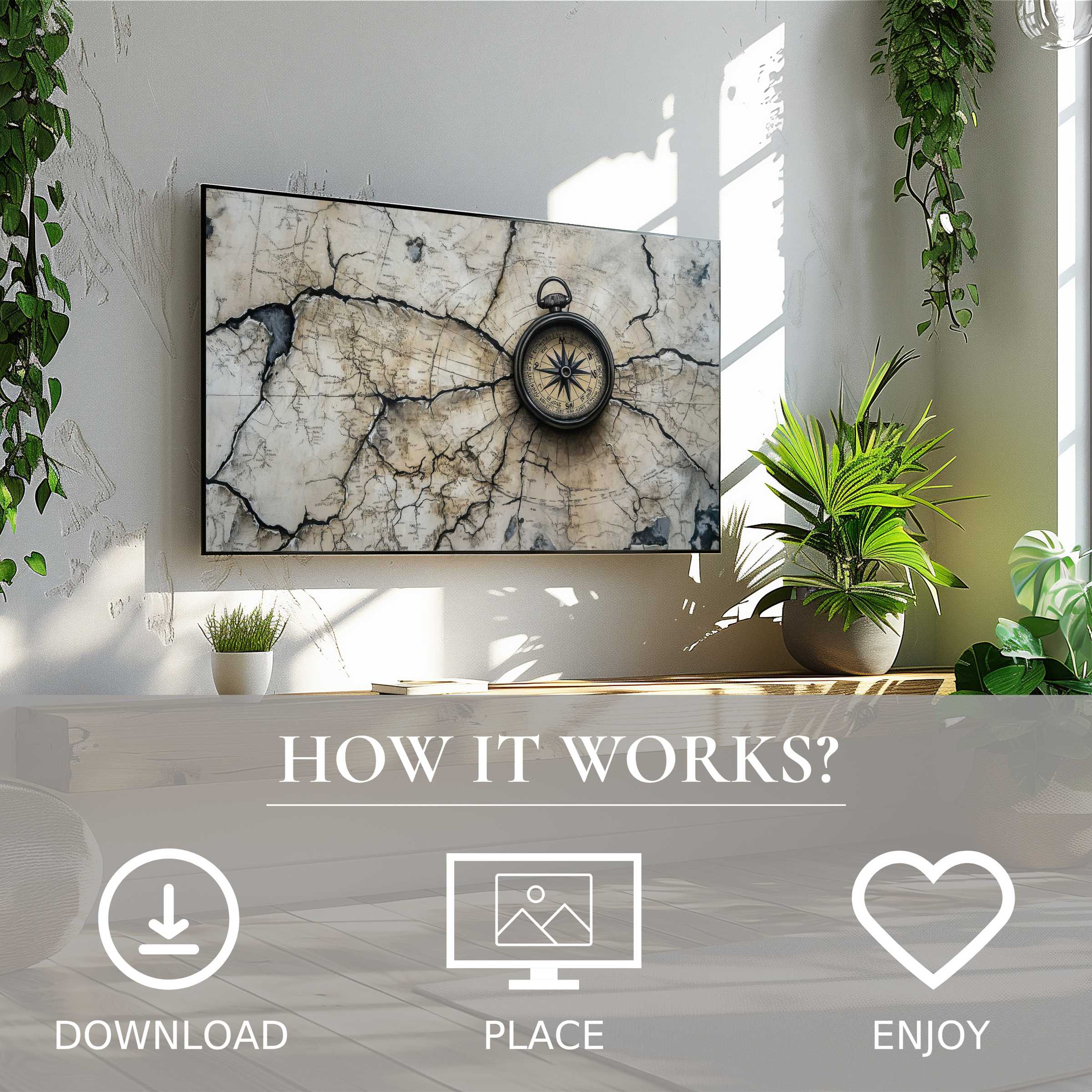 Modern living space with plants highlights street art for Samsung TV; vintage compass motif enriches via easy digital download