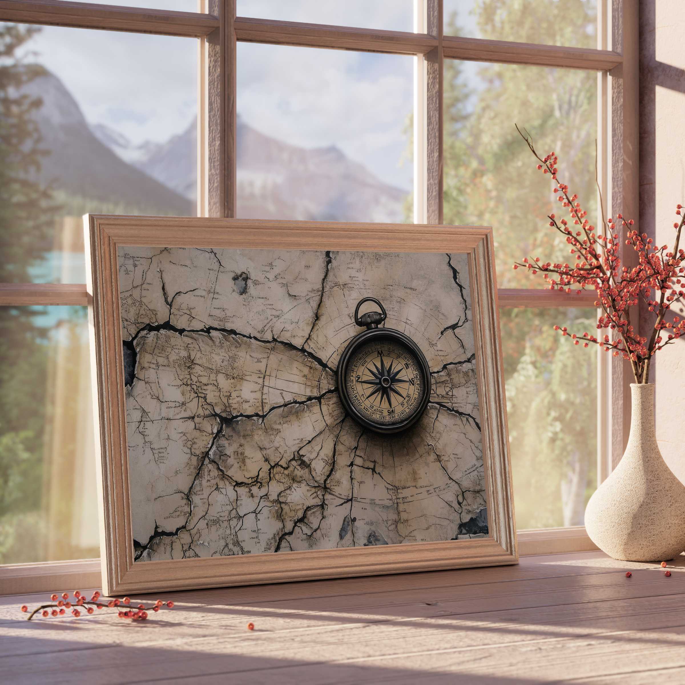 Timeless street art downloadable art featuring a vintage compass on cracked earth, enriching curated interiors with warm, tranquil vibes