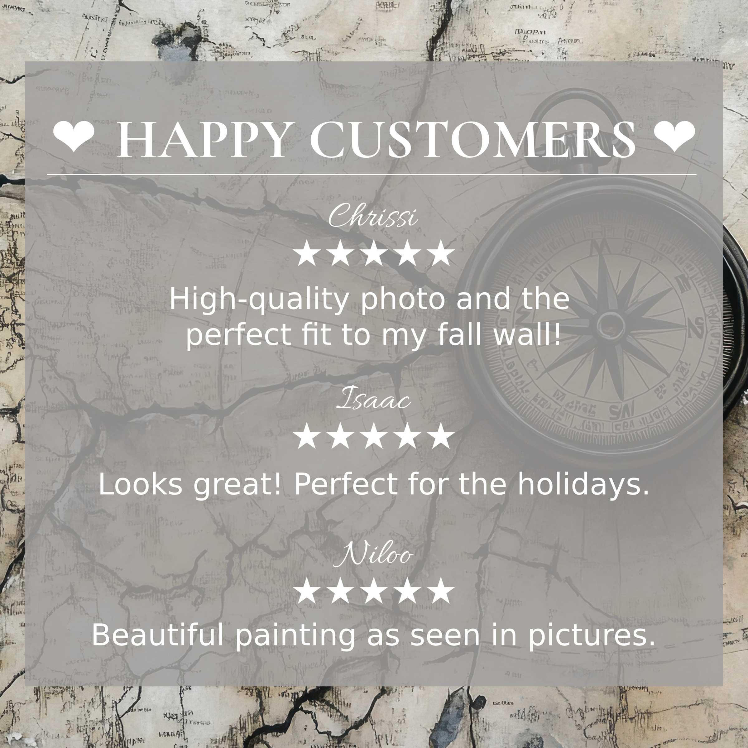 Street art for Frame TV with a vintage compass background, showcasing happy customer reviews and refined elegance
