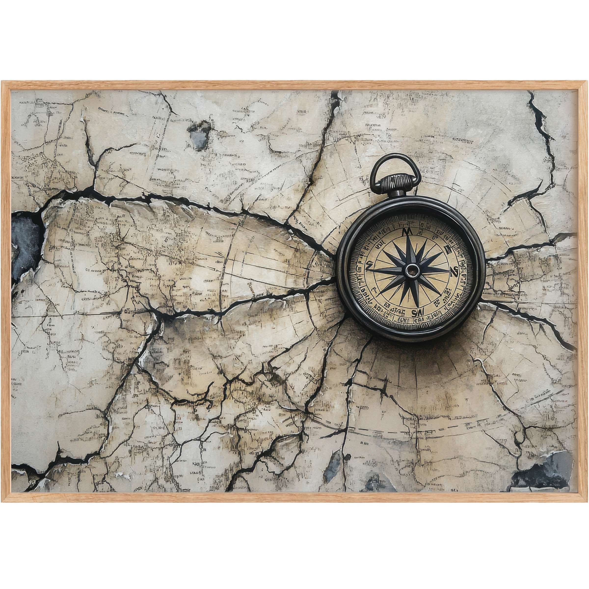 Vintage compass centered on cracked, textured beige and gray tones evokes a bold, adventurous ambiance in street art printable wall art