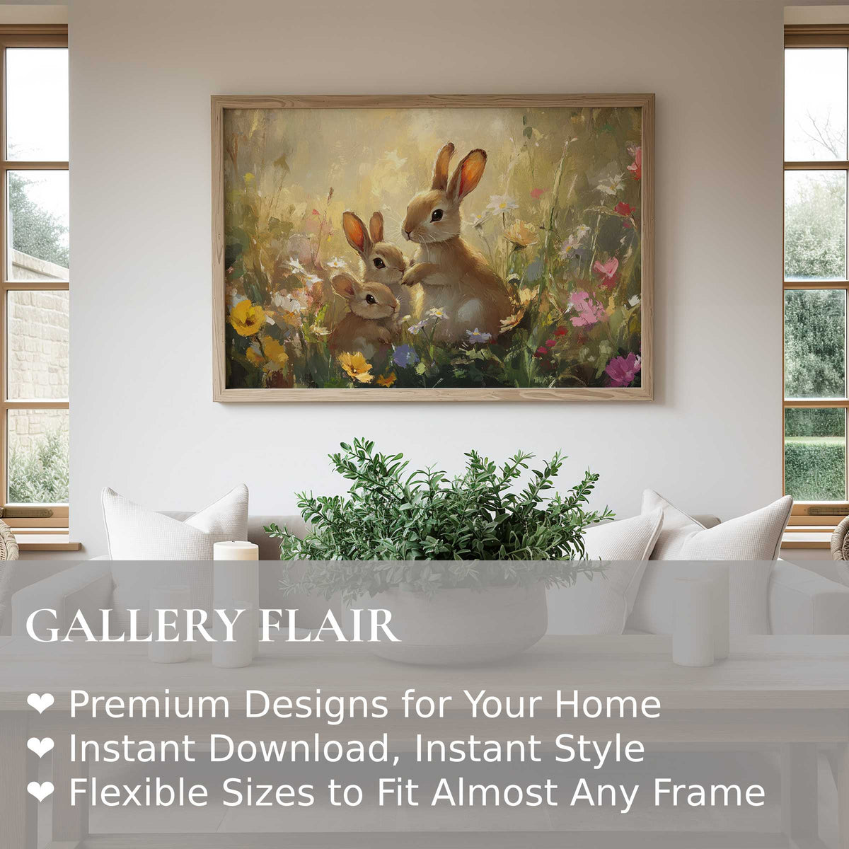 Easter wall art print featuring radiant rabbits in a blooming wildflower meadow, enhancing modern rustic interiors with warm, charming elegance