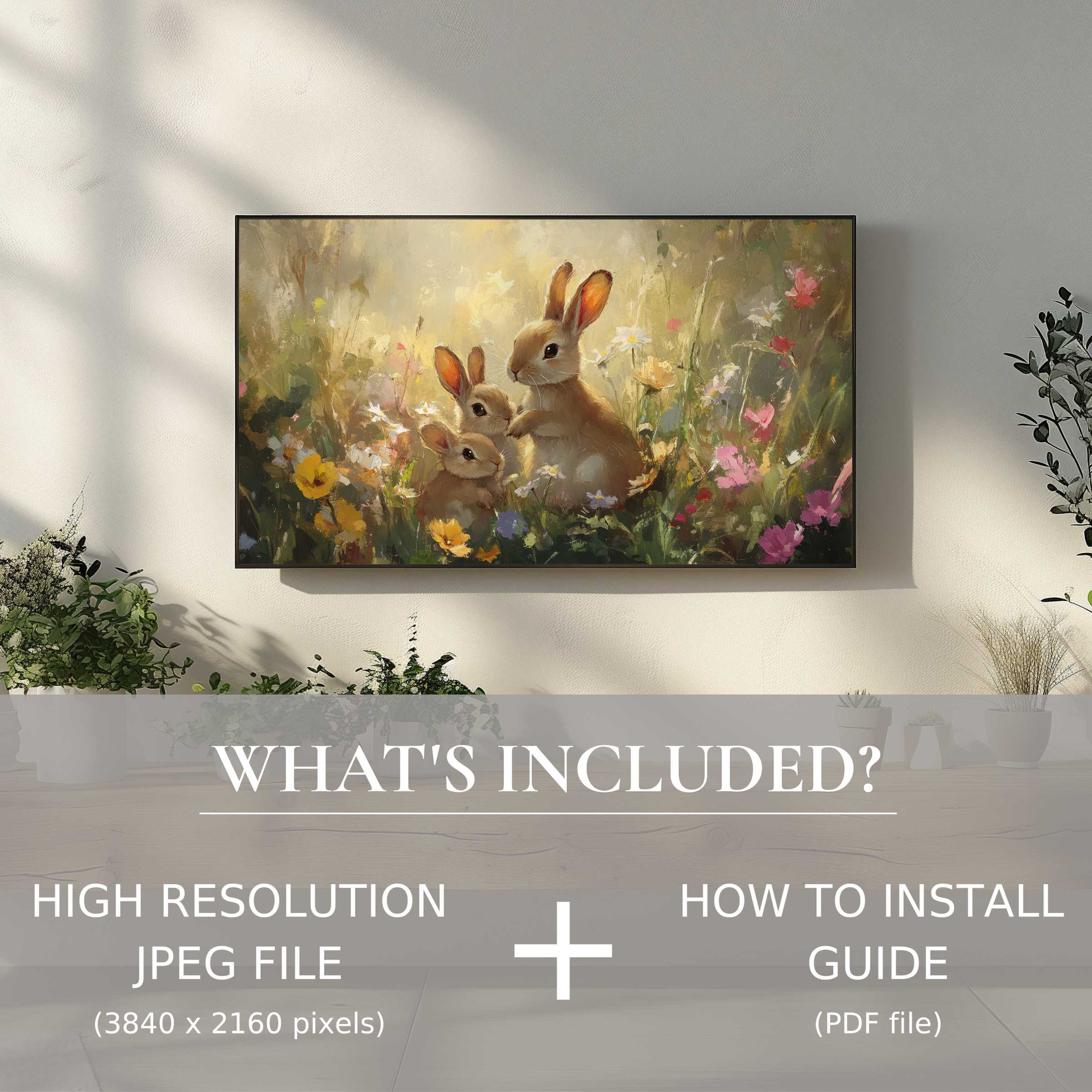 Elegant living room showcasing easter digital TV art download with easy use to enrich your modern space