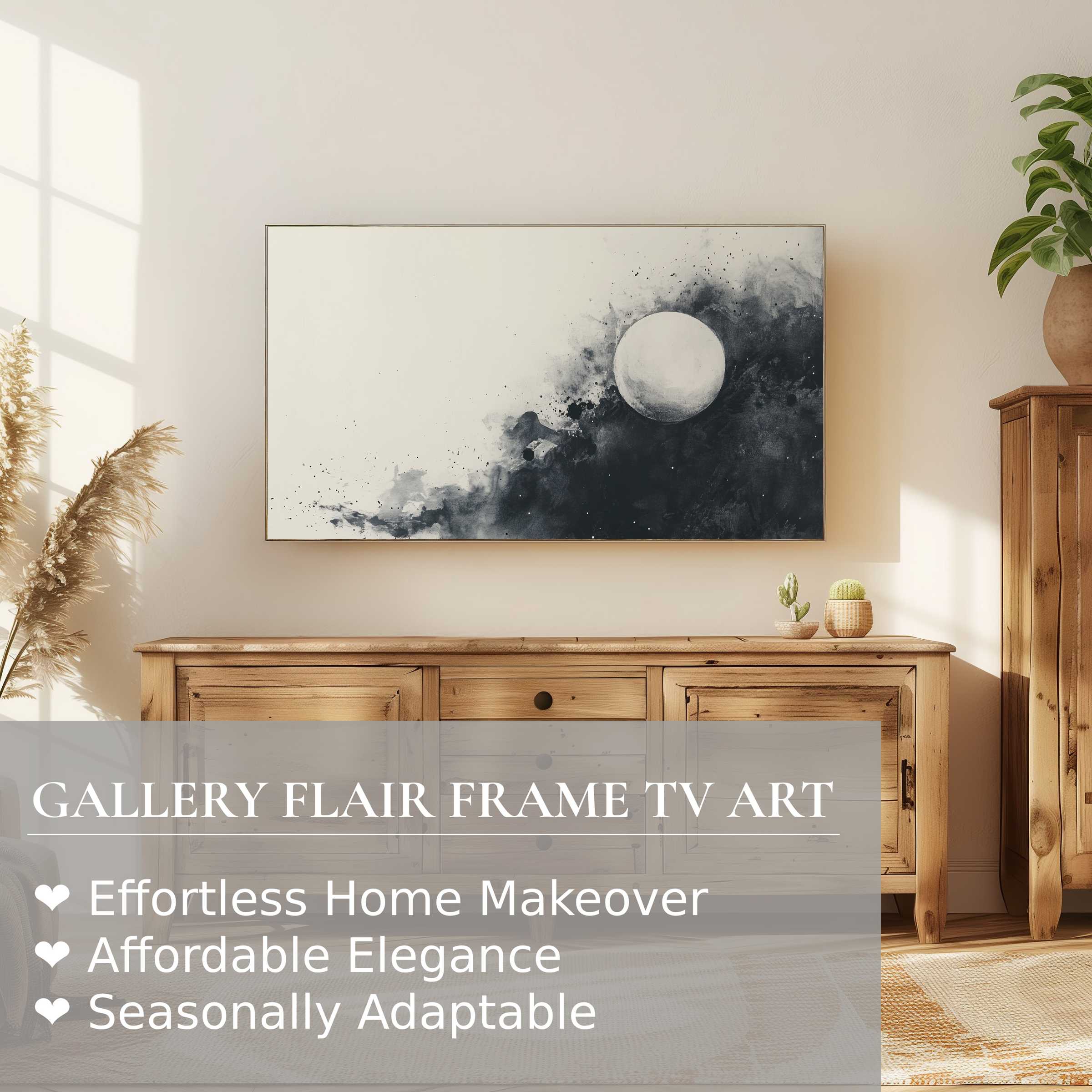 Samsung Frame TV displays black and white digital artwork, blending modern elegance with serene, natural home decor