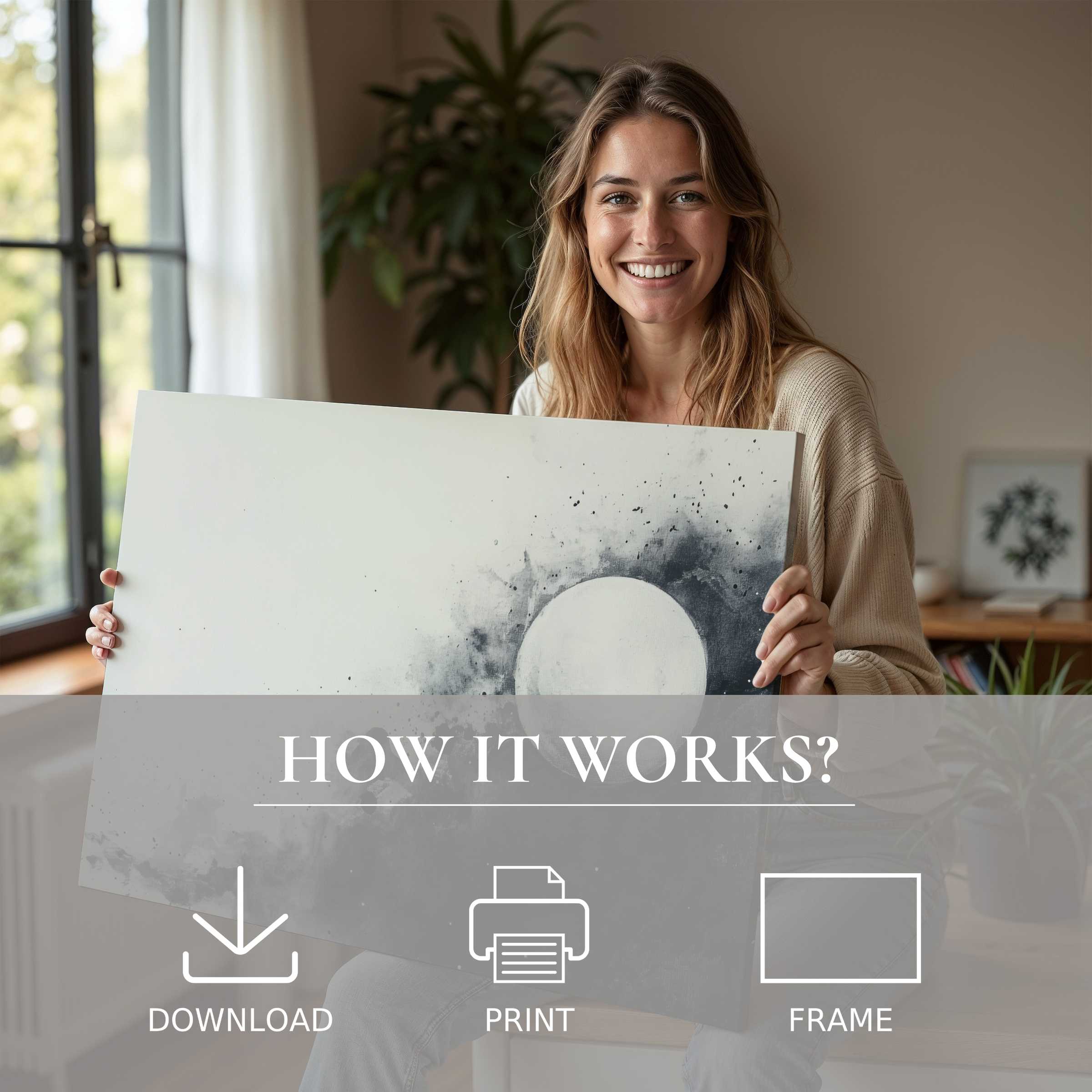 Radiant joy fills a modern home as a black and white digital art print transforms a serene space with timeless elegance