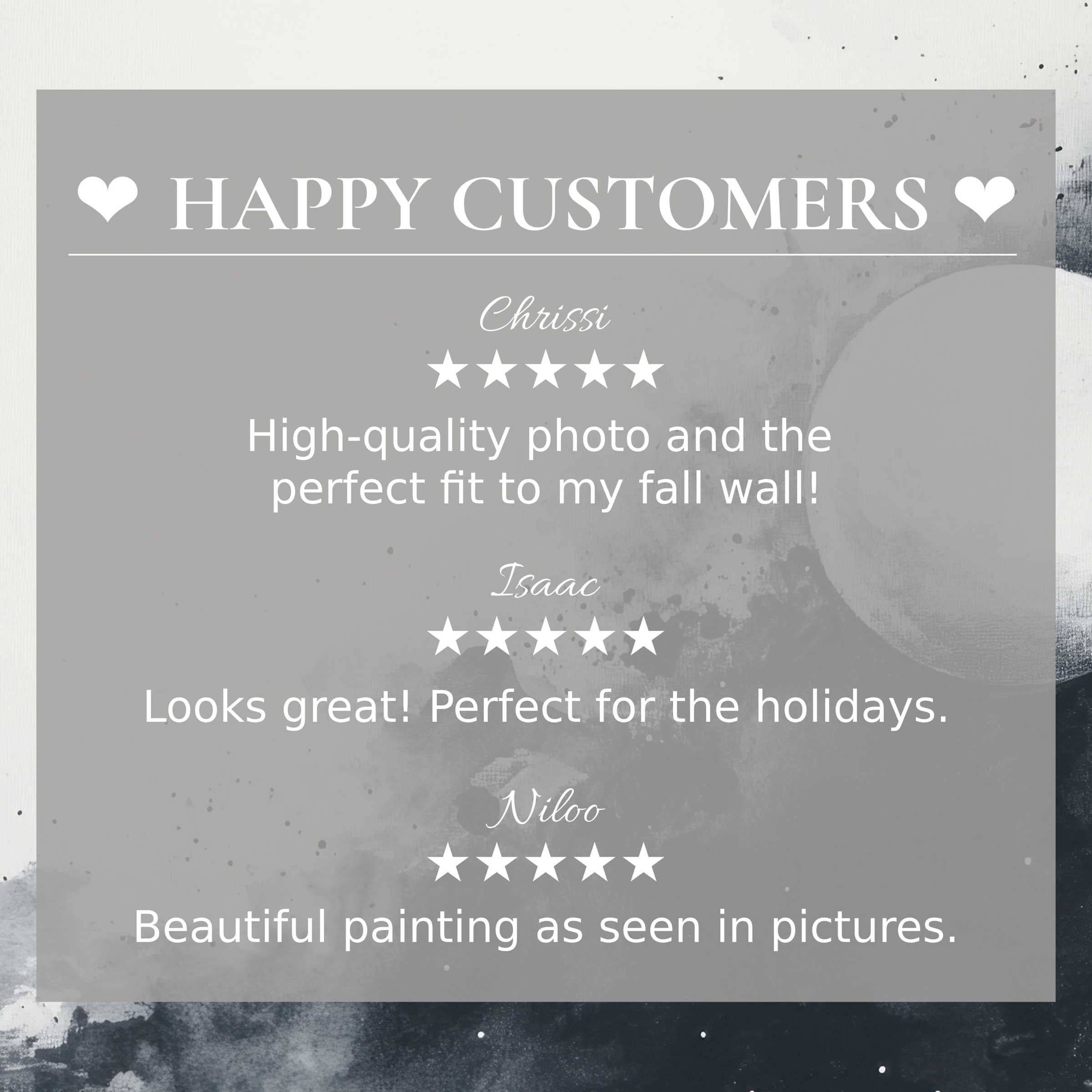 Elegant black and white art for Frame TV with abstract lunar backdrop, showcasing happy customer reviews that inspire trust