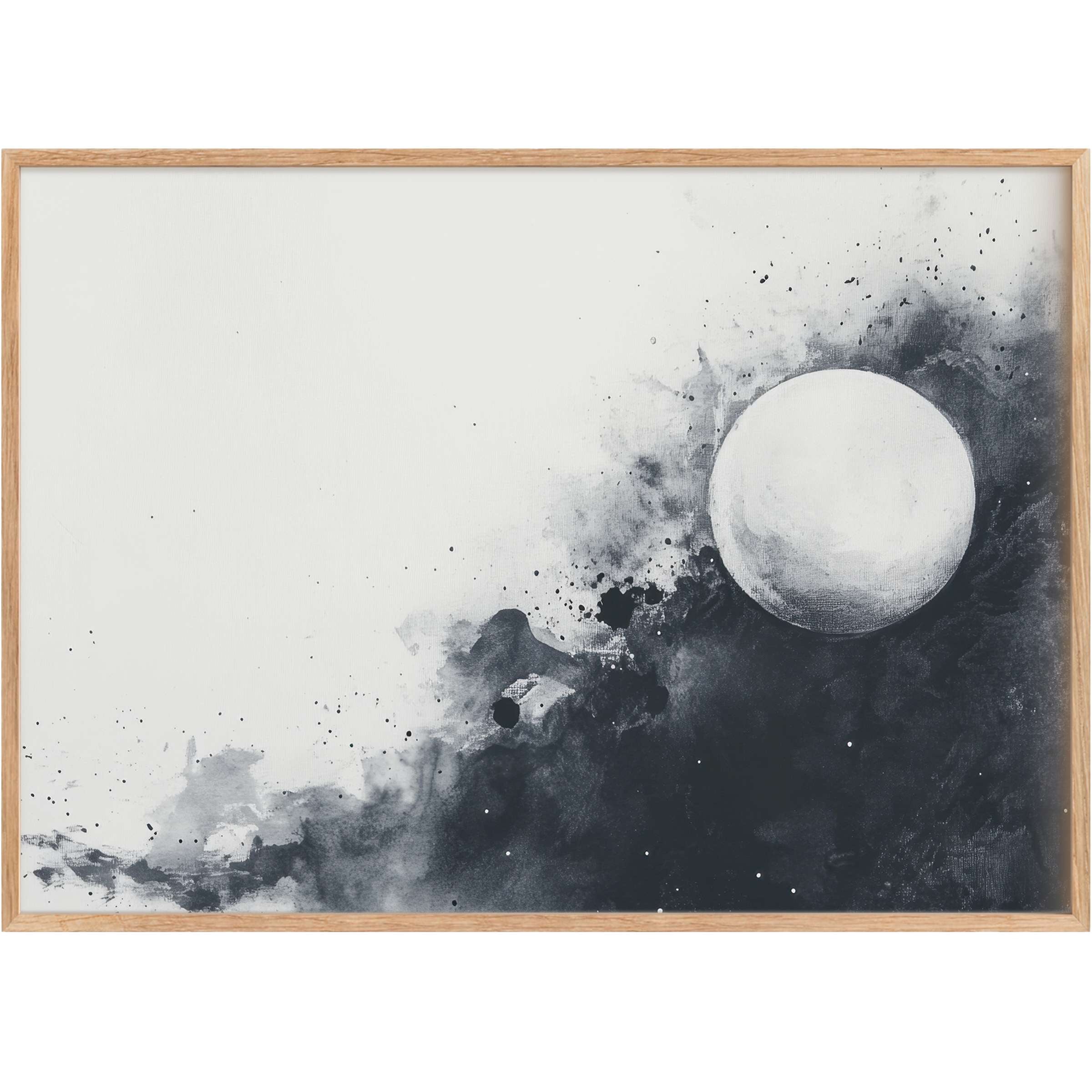 Ethereal black and white printable wall art featuring a luminous orb emerging from inky, dynamic shadows, elevating modern interiors