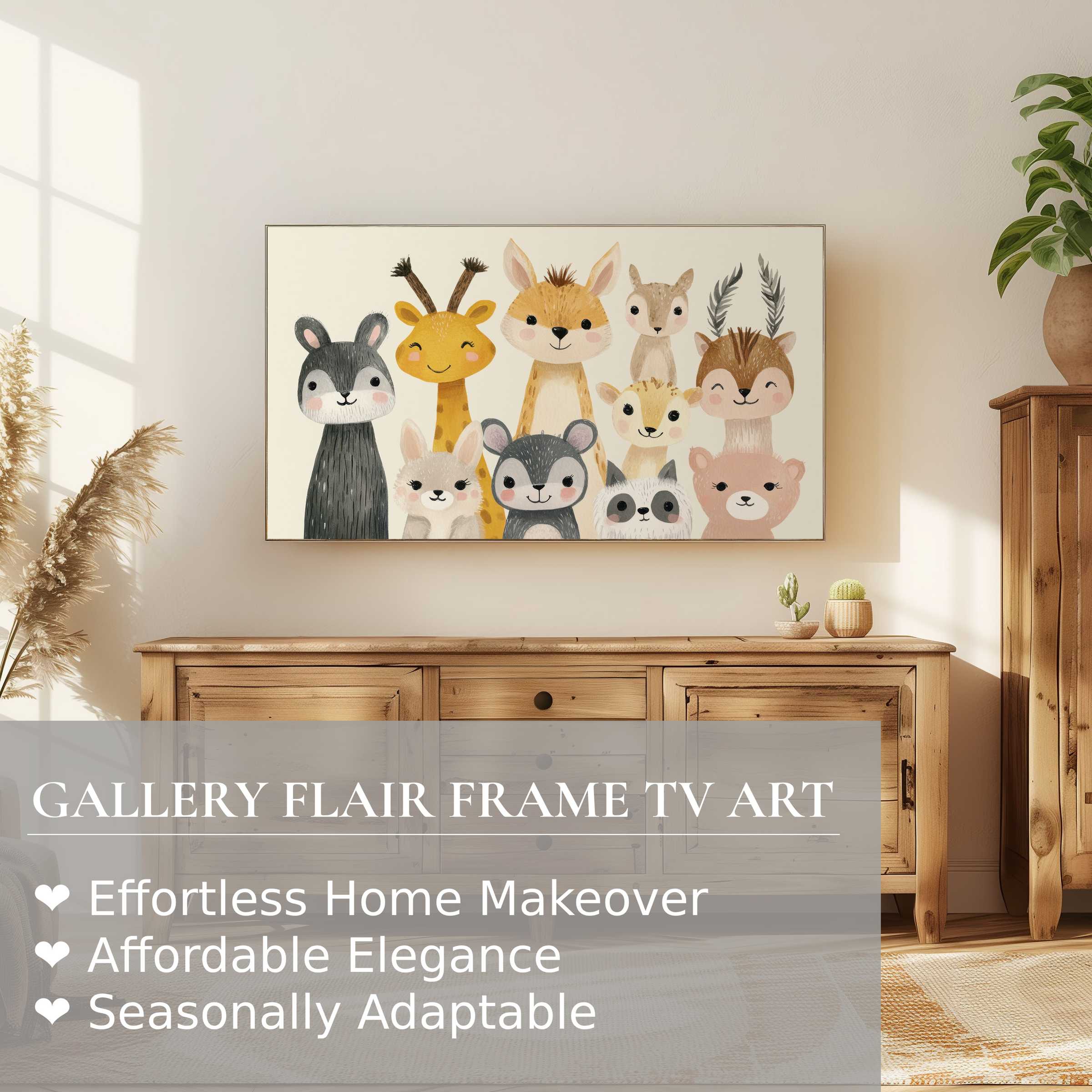 Modern nursery digital artwork of whimsical animals on Samsung Frame TV in a warm, elegant living space