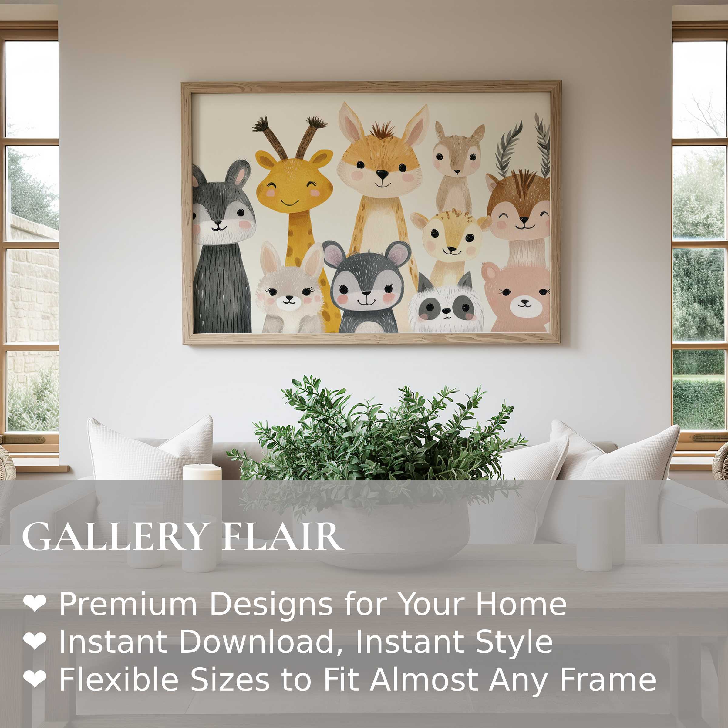 Nursery wall art print featuring charming woodland animals in soft, warm hues, enhancing modern neutral, cozy interiors with gentle whimsy and calm