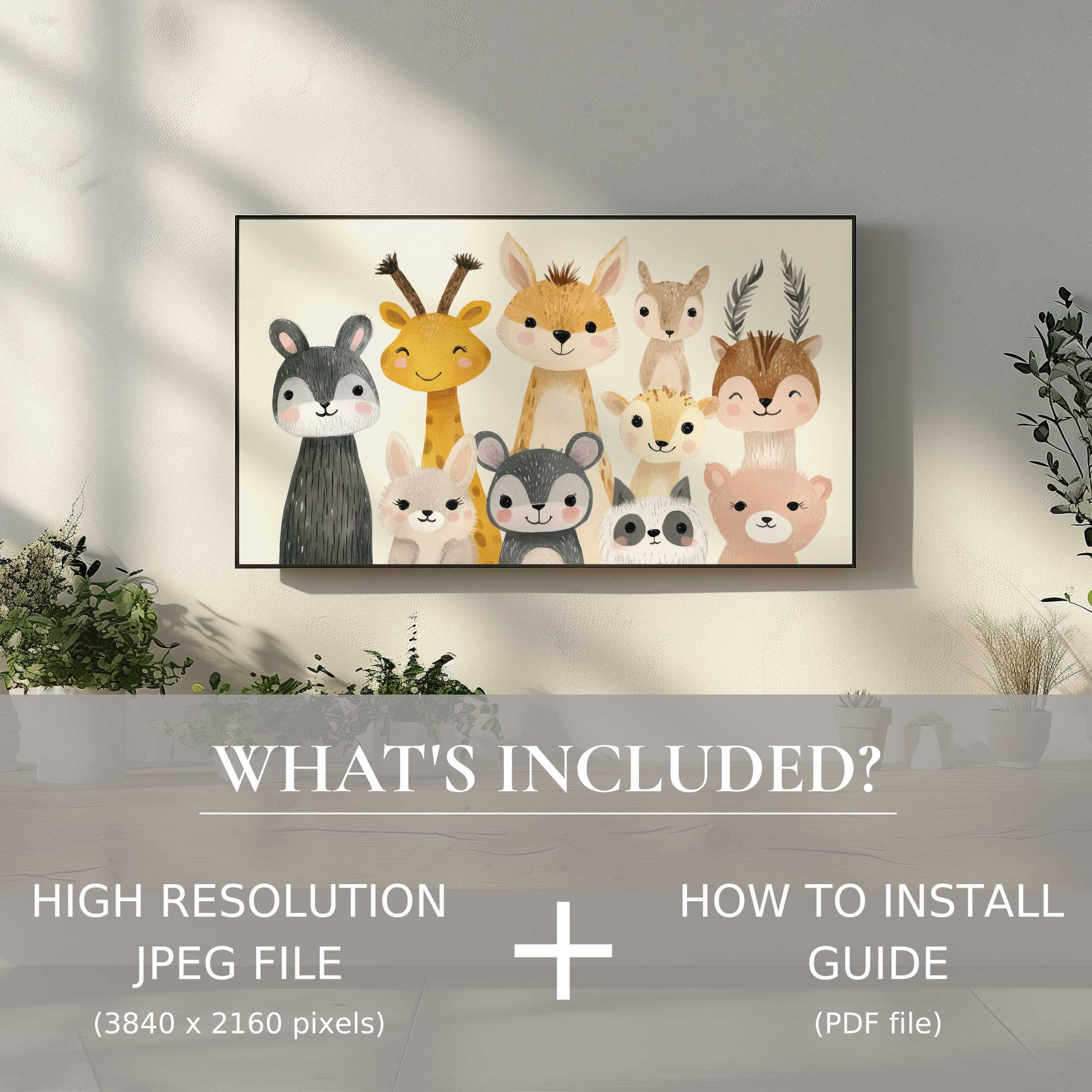 Modern nursery digital TV art download featuring charming animals, easy digital use enhances stylish, serene living spaces