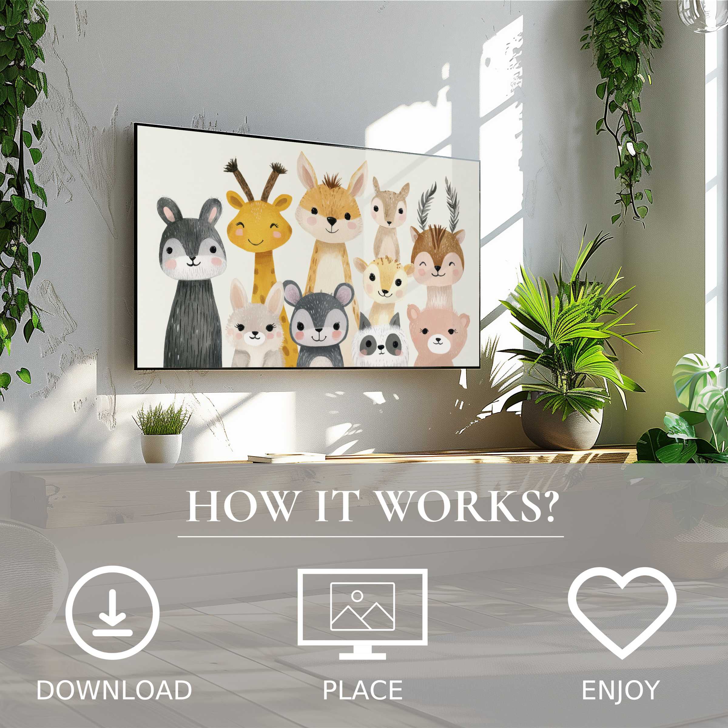 Nursery art for Samsung TV with cute animal motif, easy digital download enriching modern living spaces