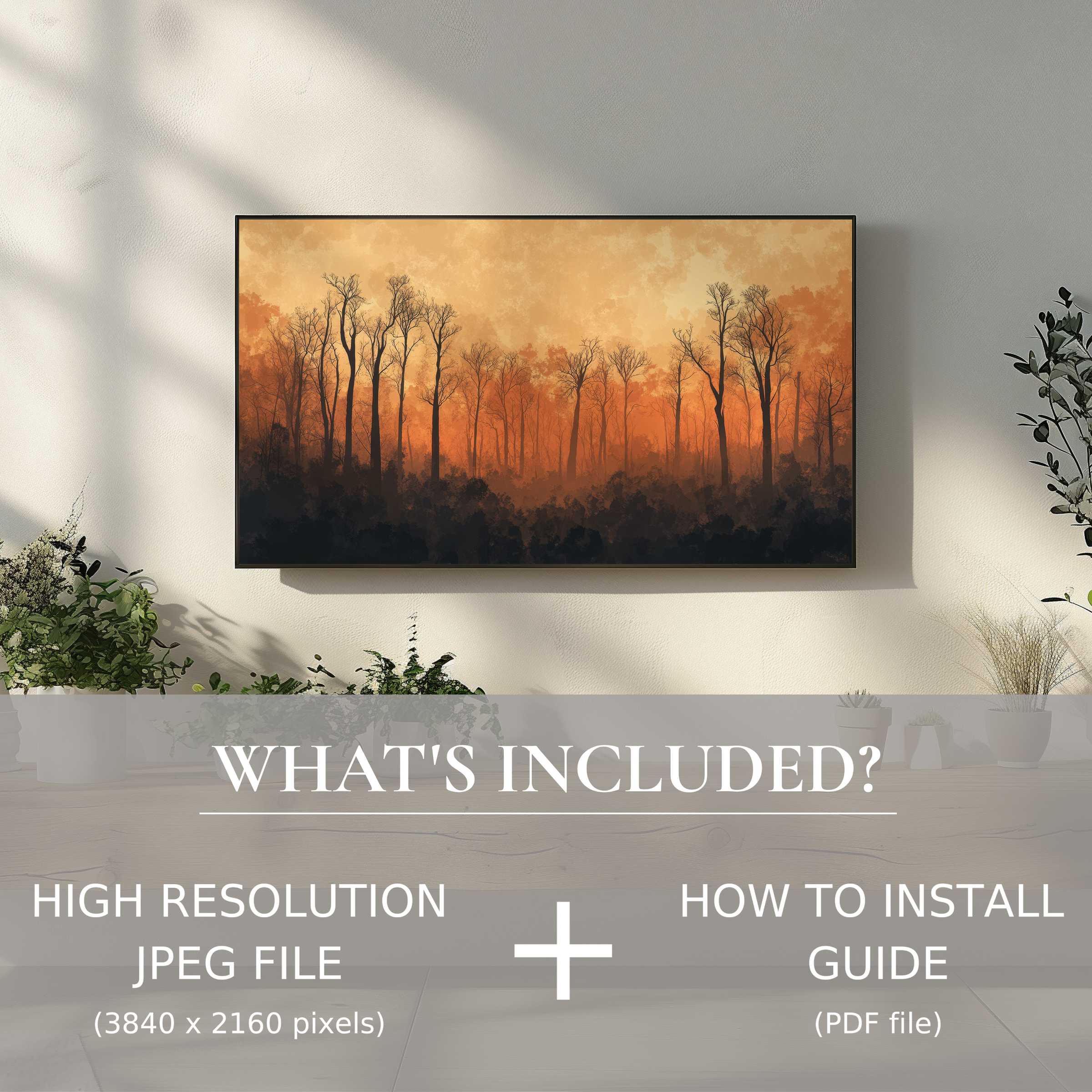 Elegant tree digital TV art download enhances modern living spaces with easy digital use and warm nature tones