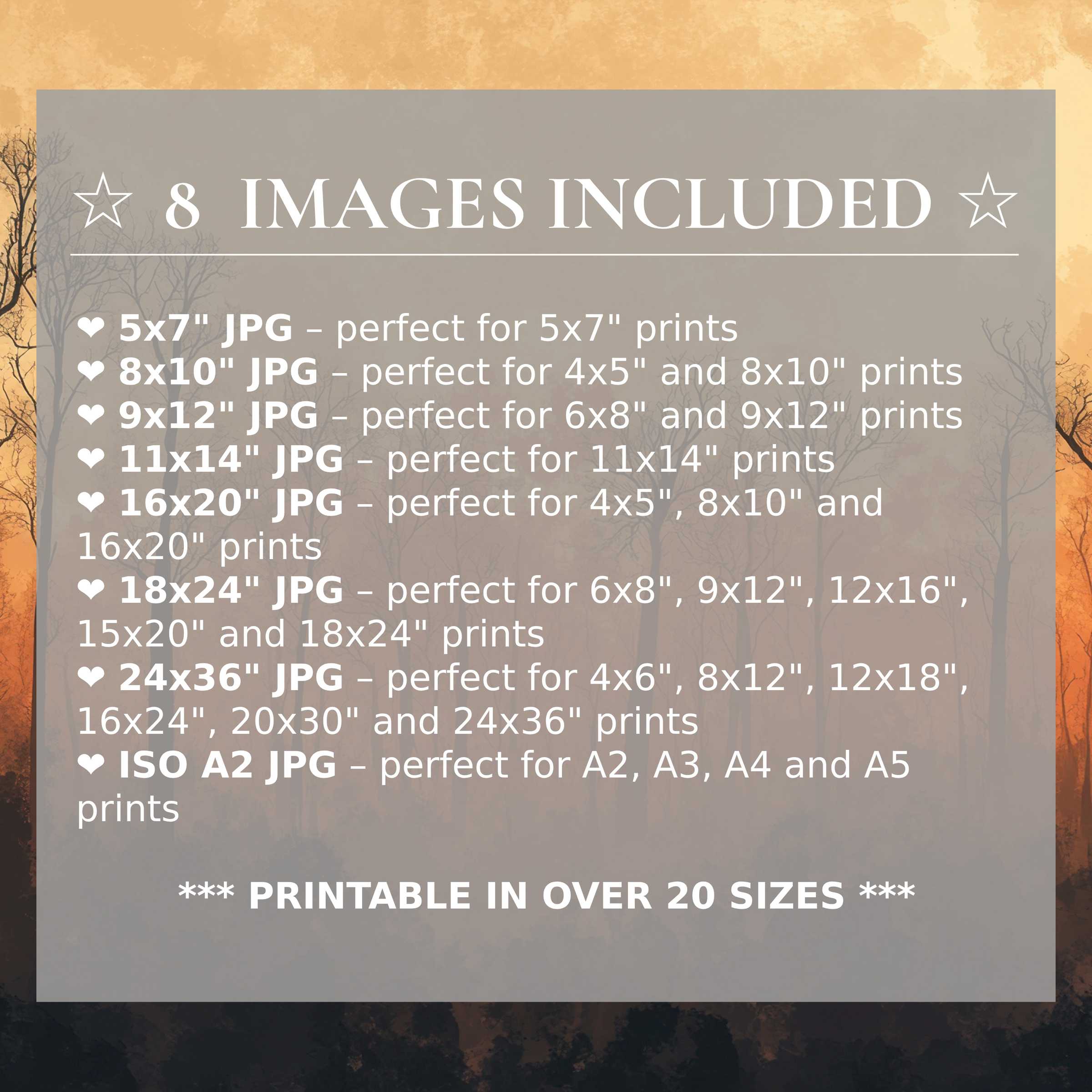 Print size guide showing 8 included JPG formats for versatile wall art printing – perfect for framing in popular sizes from 5x7 to 24x36 and A2