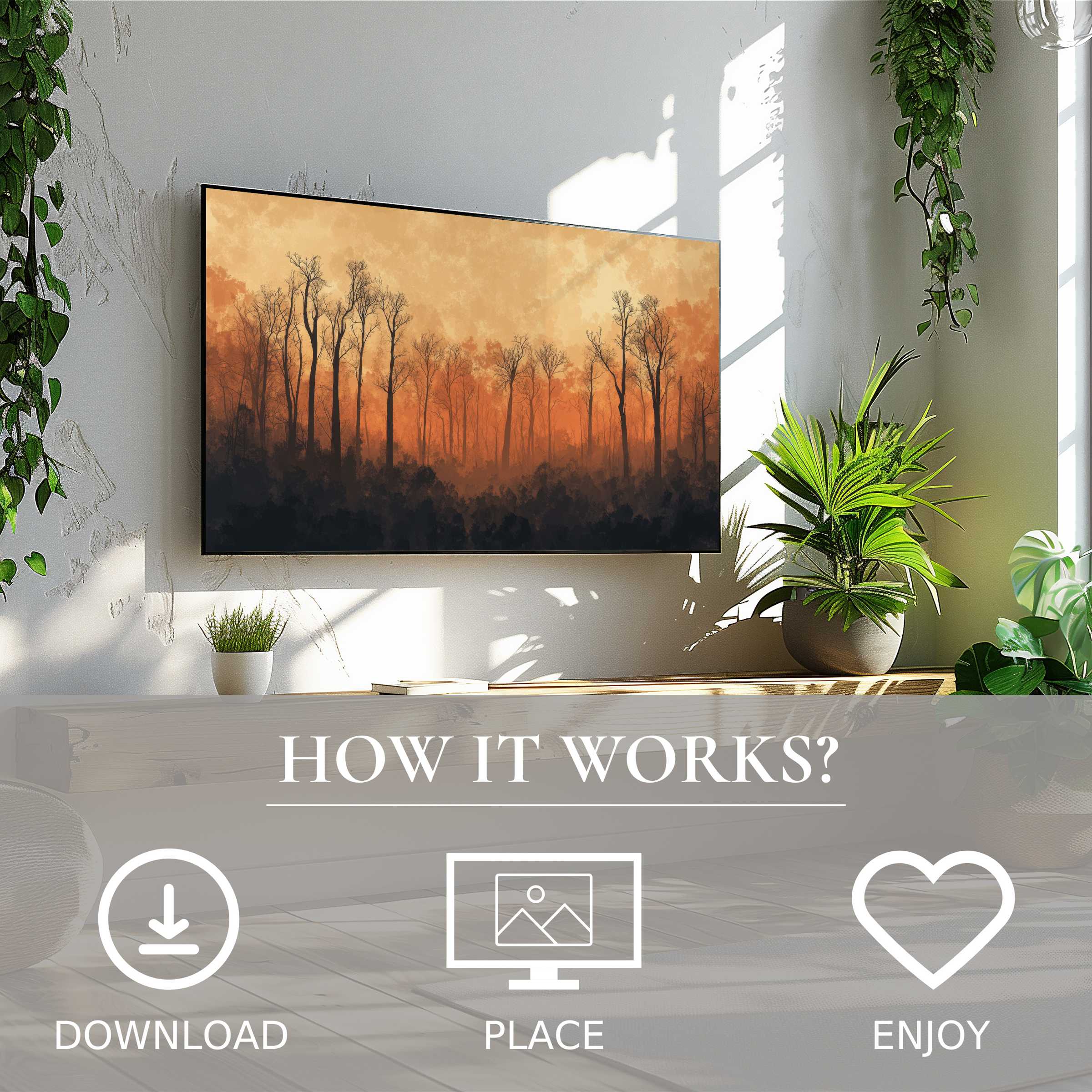Tree art for Samsung TV shows soft sunset tones, easy digital download enriches modern, plant-filled living spaces