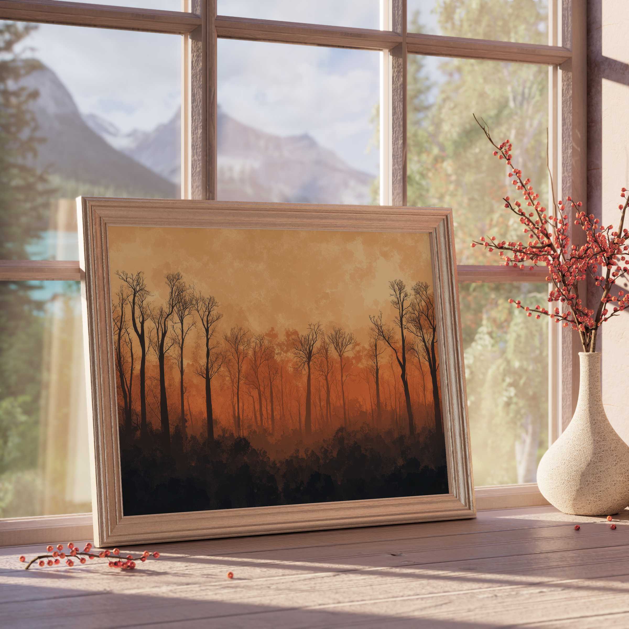 Elegant tree downloadable art with warm amber hues, evoking tranquil forest serenity for curated, stylish interiors