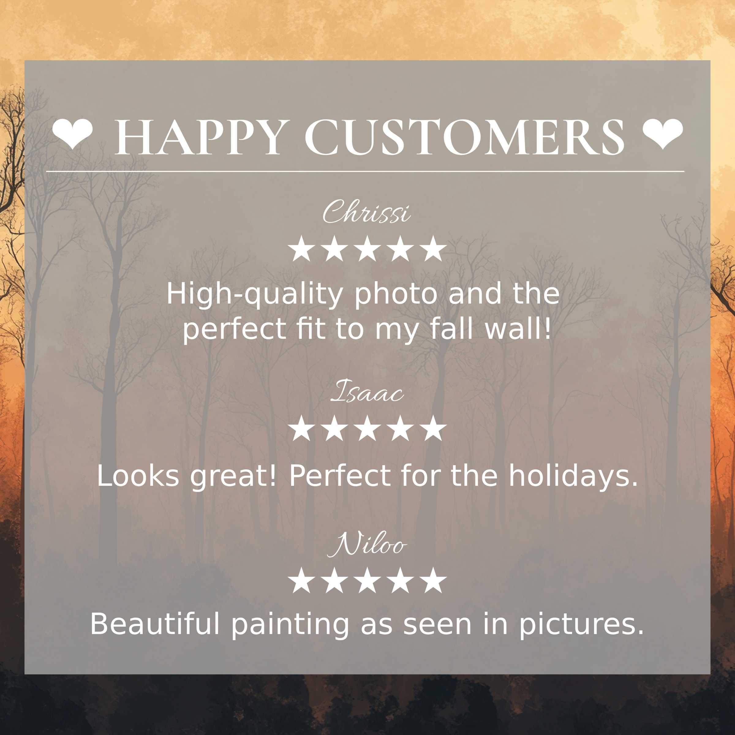 Trees art for Frame TV with abstract sunset hues, showcasing happy customer reviews and elegant style for trust
